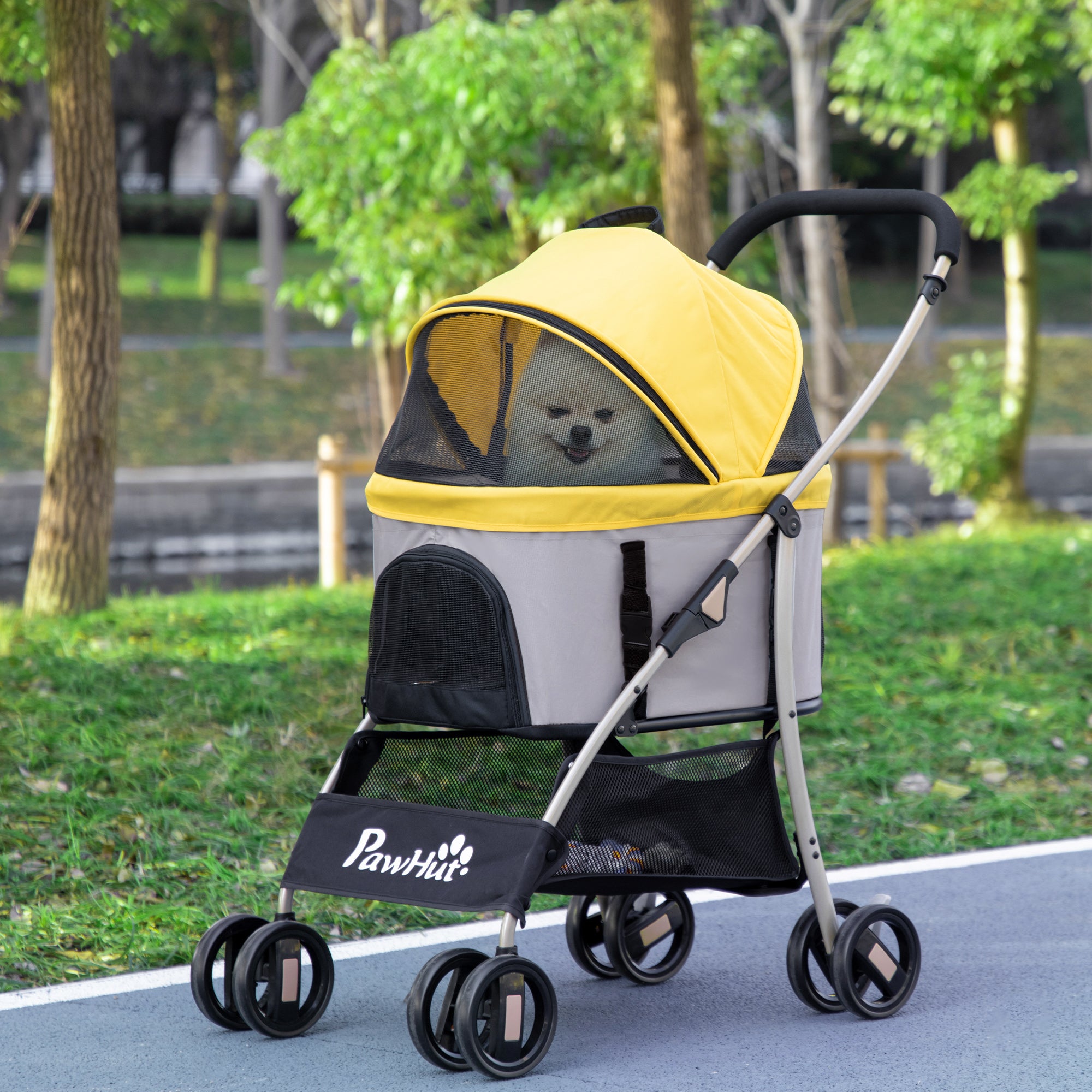 PawHut Dog Pram Dog Stroller 3 in 1 Pet Pushchair Detachable Design with Universal Wheels, Brake for Small Miniature Dogs - Yellow