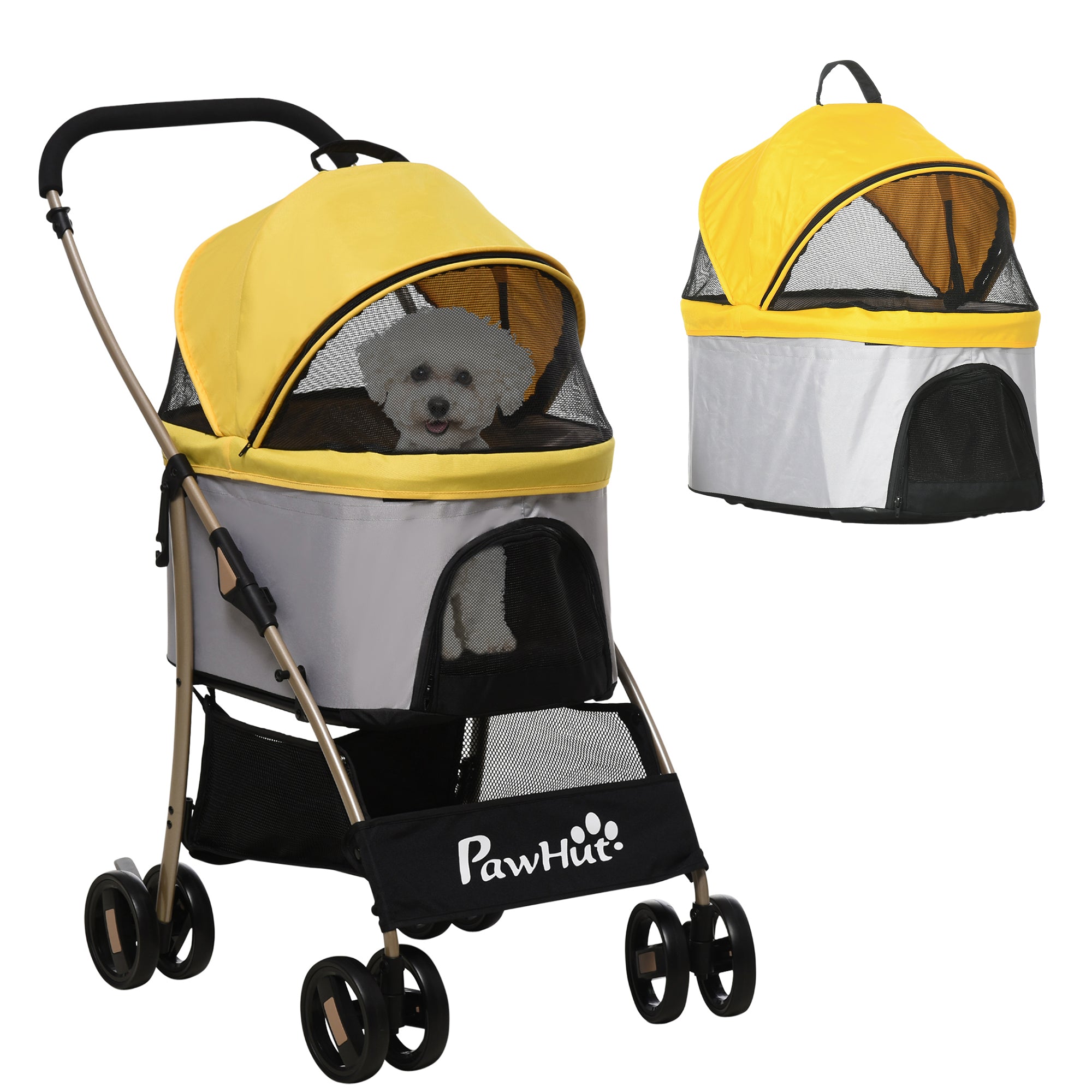 PawHut Dog Pram Dog Stroller 3 in 1 Pet Pushchair Detachable Design with Universal Wheels, Brake for Small Miniature Dogs - Yellow