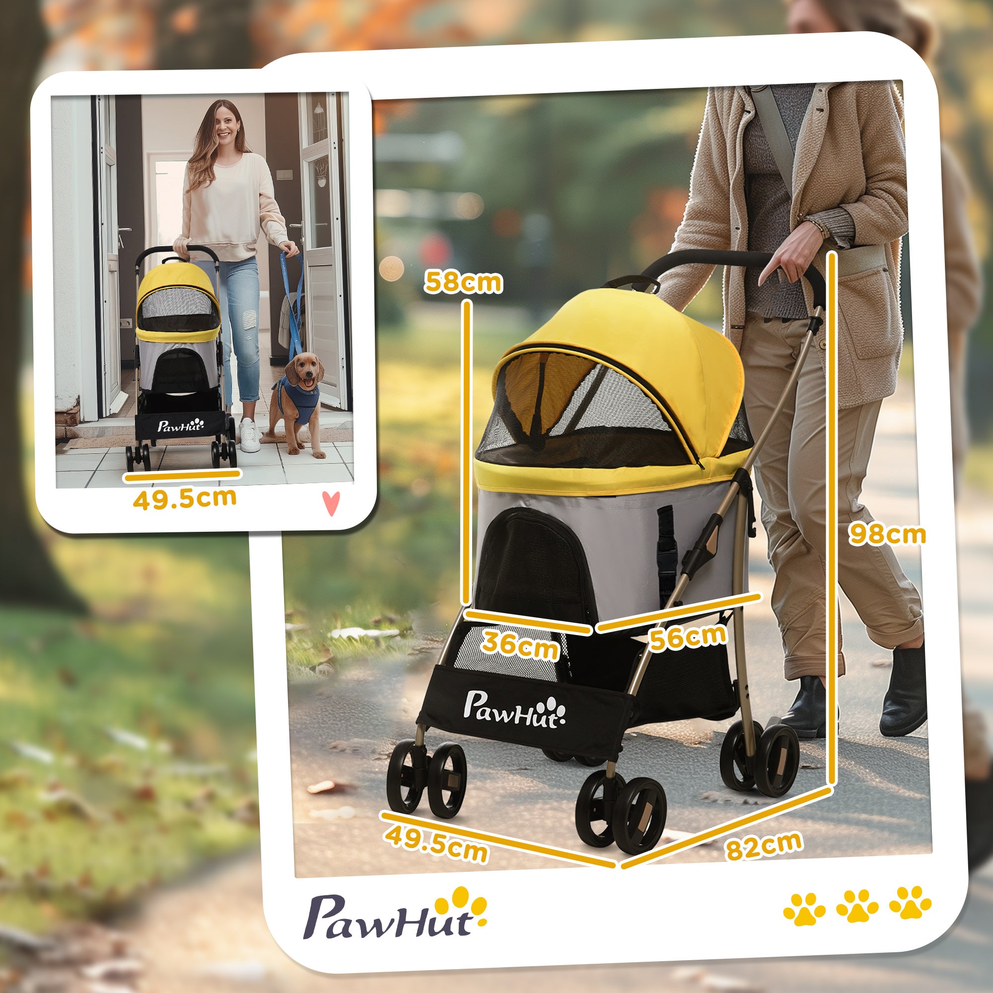 PawHut Dog Pram Dog Stroller 3 in 1 Pet Pushchair Detachable Design with Universal Wheels, Brake for Small Miniature Dogs - Yellow