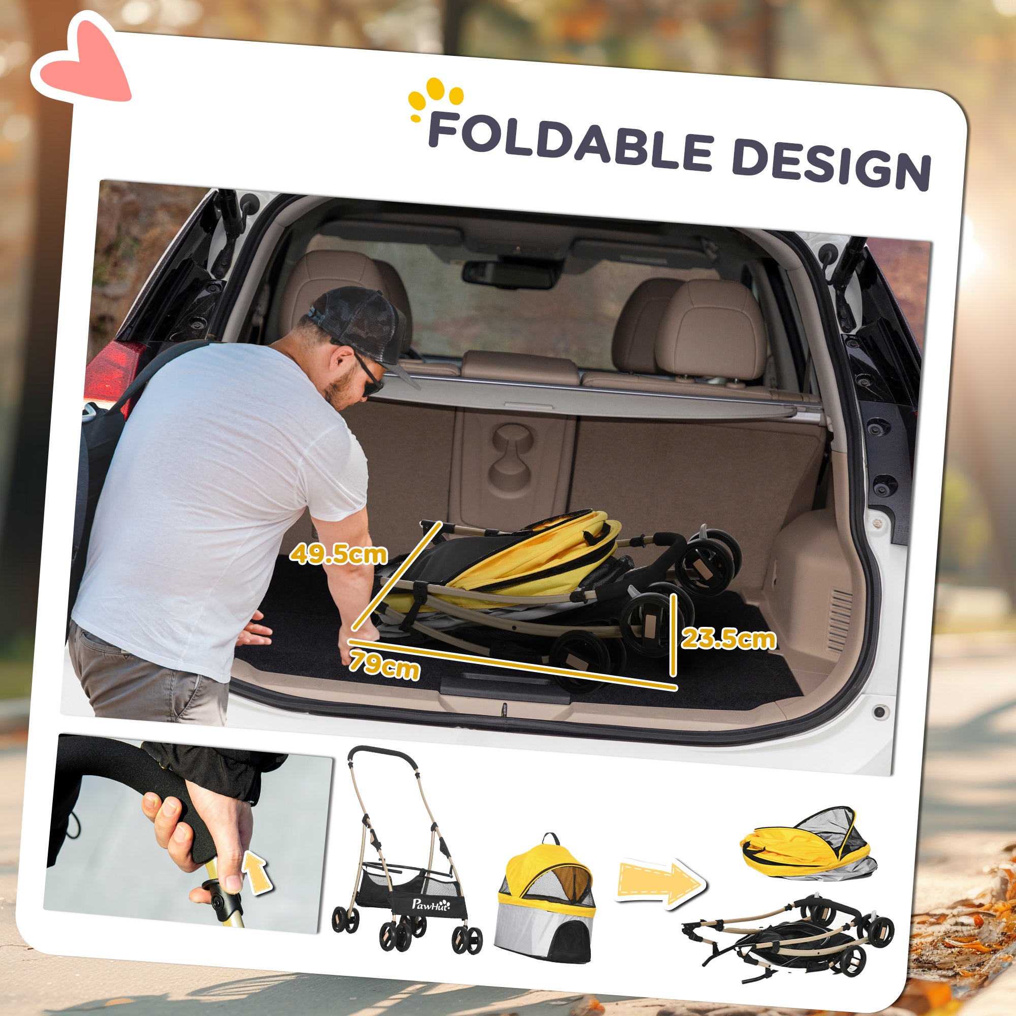 PawHut Dog Pram Dog Stroller 3 in 1 Pet Pushchair Detachable Design with Universal Wheels, Brake for Small Miniature Dogs - Yellow