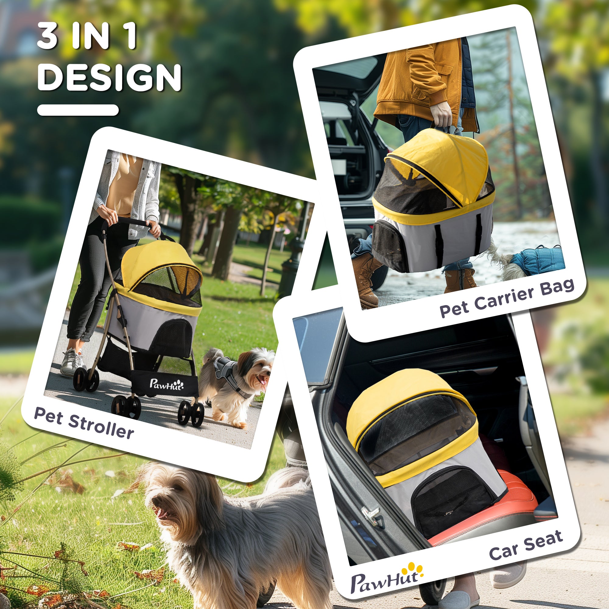 PawHut Dog Pram Dog Stroller 3 in 1 Pet Pushchair Detachable Design with Universal Wheels, Brake for Small Miniature Dogs - Yellow