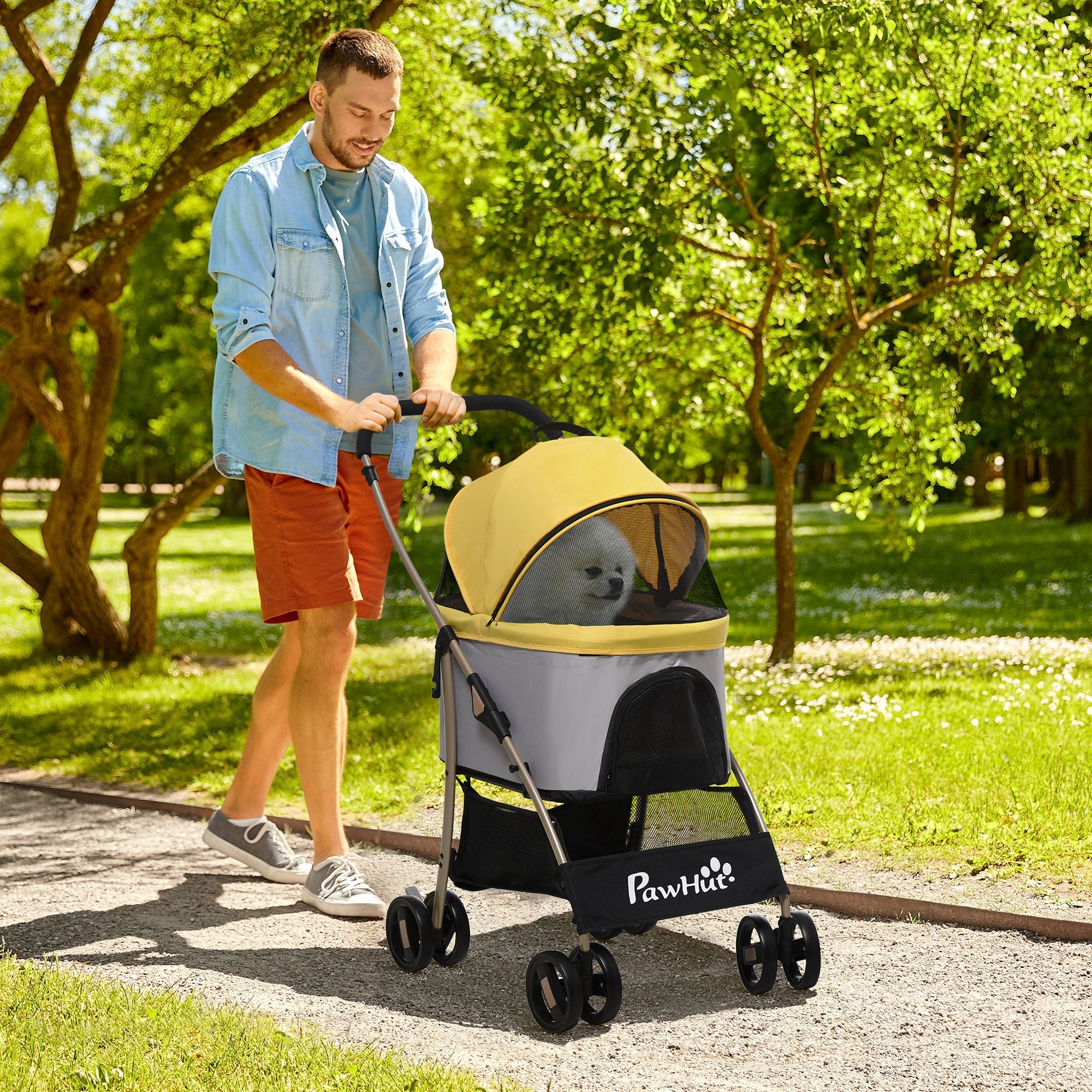 PawHut Dog Pram Dog Stroller 3 in 1 Pet Pushchair Detachable Design with Universal Wheels, Brake for Small Miniature Dogs - Yellow
