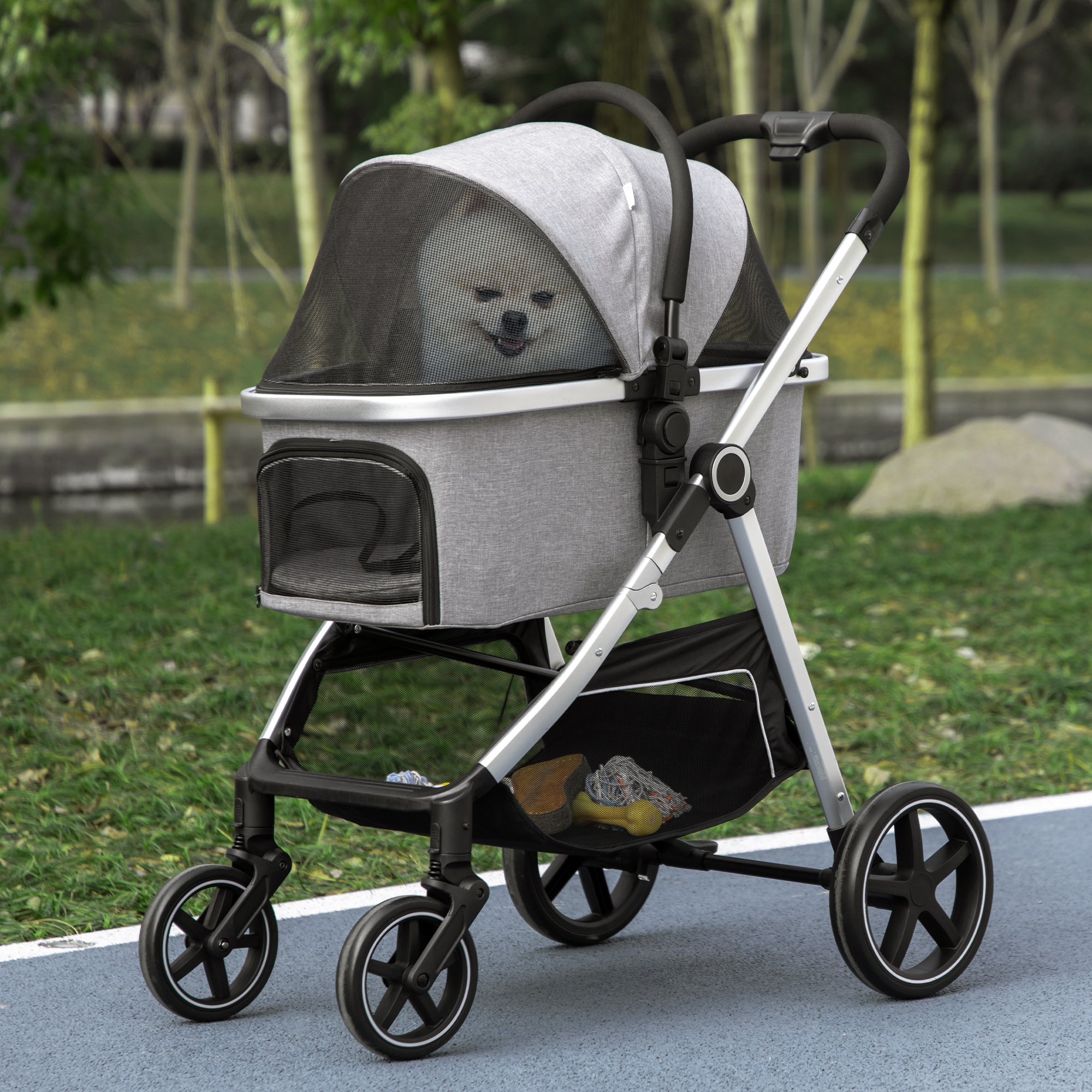 PawHut 3 in 1 One-Click Foldable Pet Stroller, Detachable Dog Cat Travel Pushchair, Car Seat w/ EVA Wheels, Basket, Adjustable Canopy, Safety Leash, Cushion, for Small Pets - Grey
