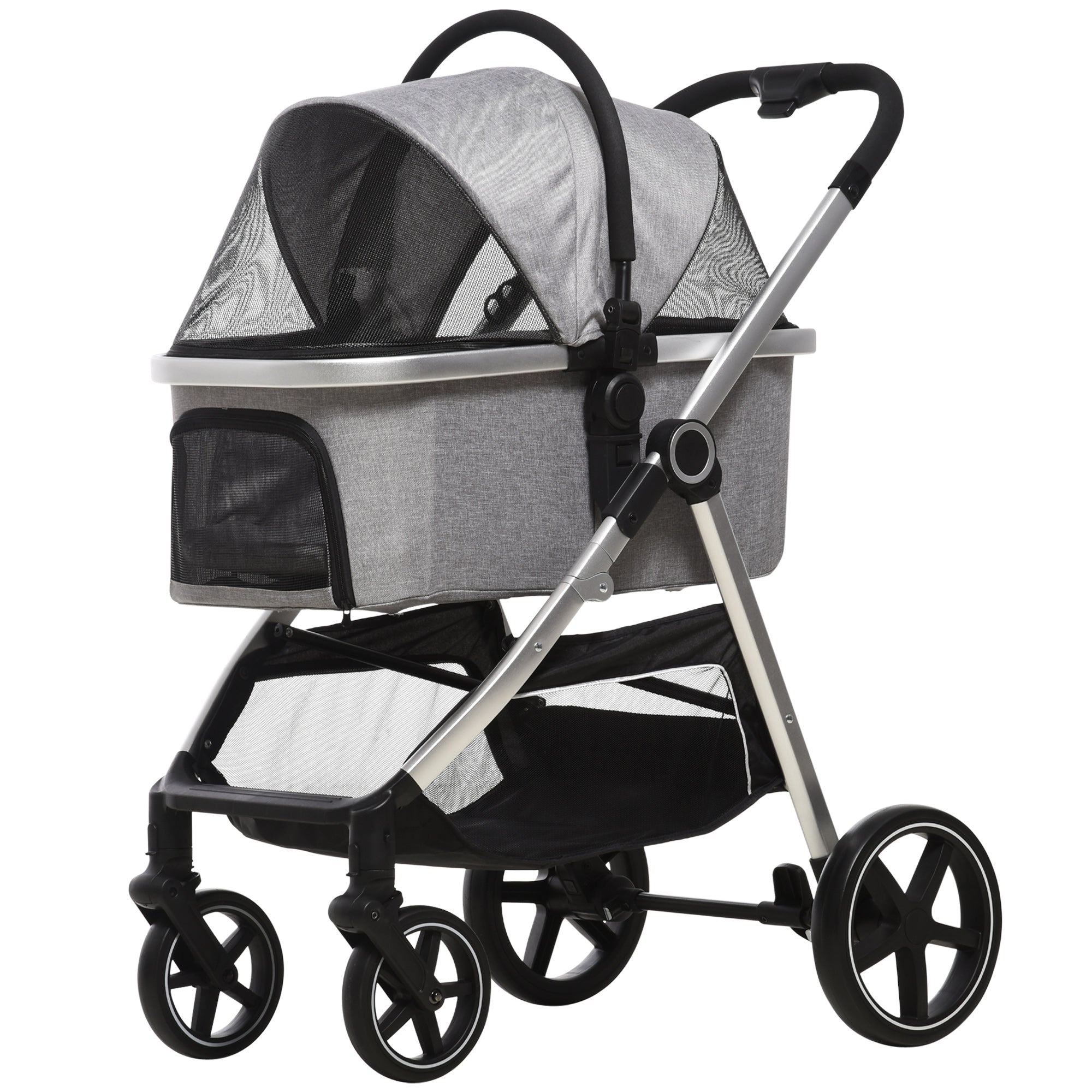 PawHut 3 in 1 One-Click Foldable Pet Stroller, Detachable Dog Cat Travel Pushchair, Car Seat w/ EVA Wheels, Basket, Adjustable Canopy, Safety Leash, Cushion, for Small Pets - Grey