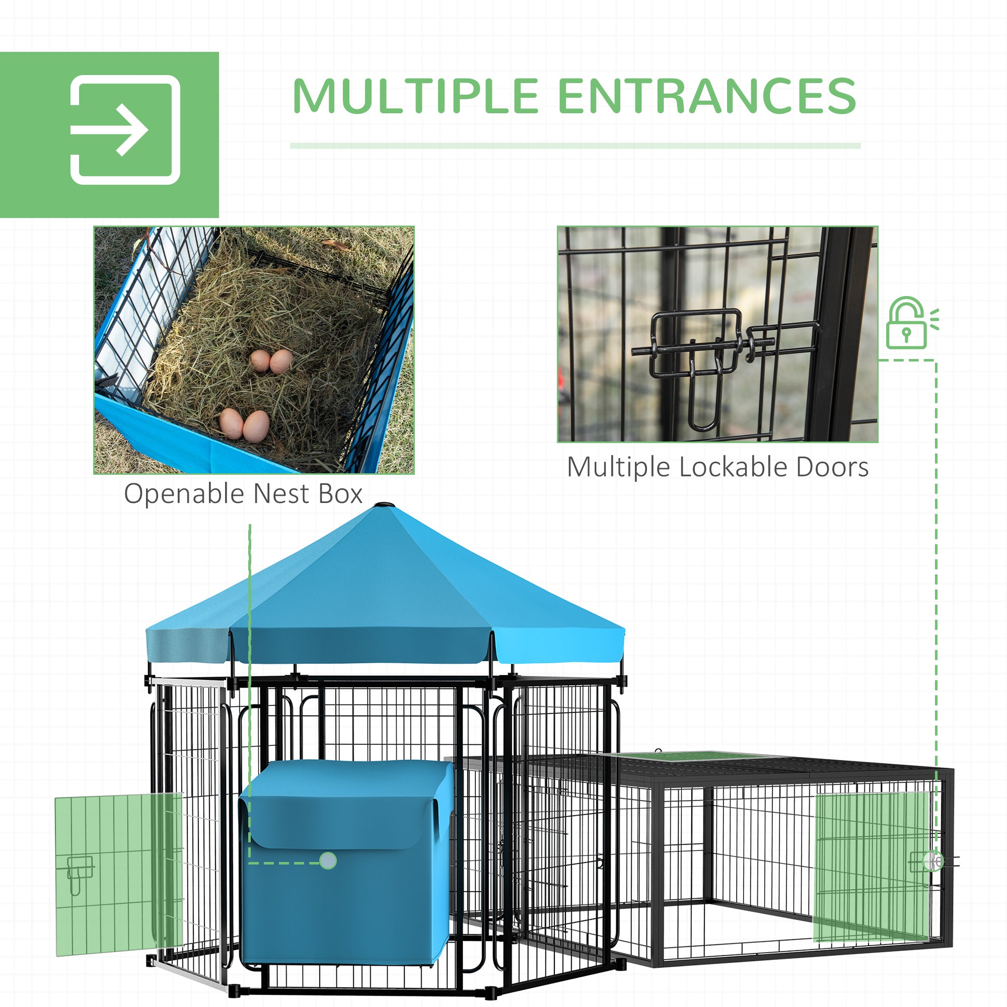 PawHut Rabbit Hutch Chicken Coop, Outdoor Steel Run, Detachable Hen House Poultry Cage w/ Water-Resistant Canopy, Nesting Box - Blue