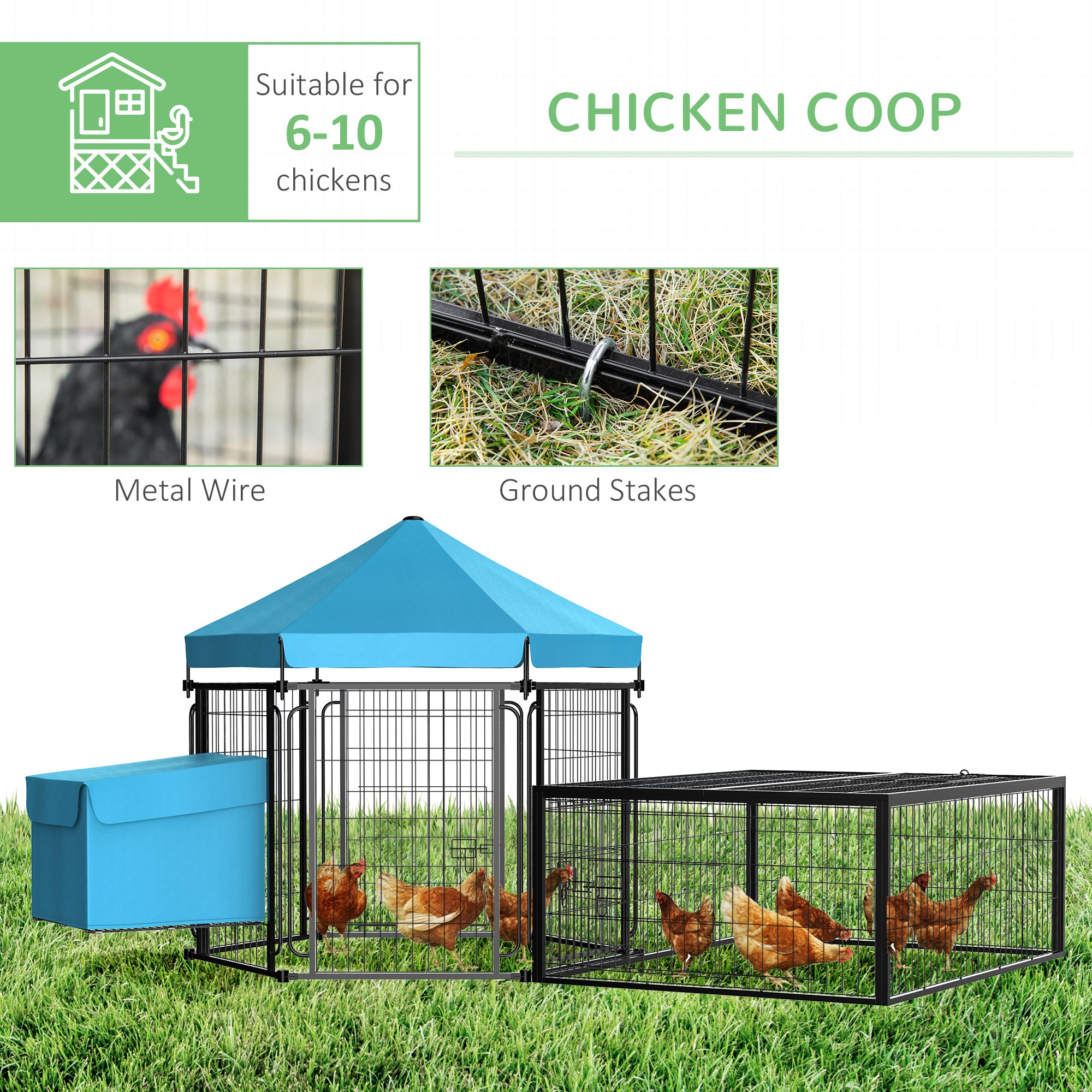 PawHut Rabbit Hutch Chicken Coop, Outdoor Steel Run, Detachable Hen House Poultry Cage w/ Water-Resistant Canopy, Nesting Box - Blue