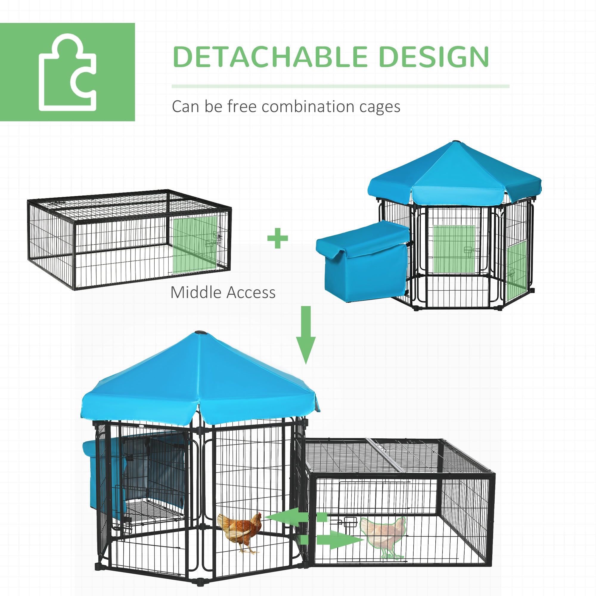 PawHut Rabbit Hutch Chicken Coop, Outdoor Steel Run, Detachable Hen House Poultry Cage w/ Water-Resistant Canopy, Nesting Box - Blue