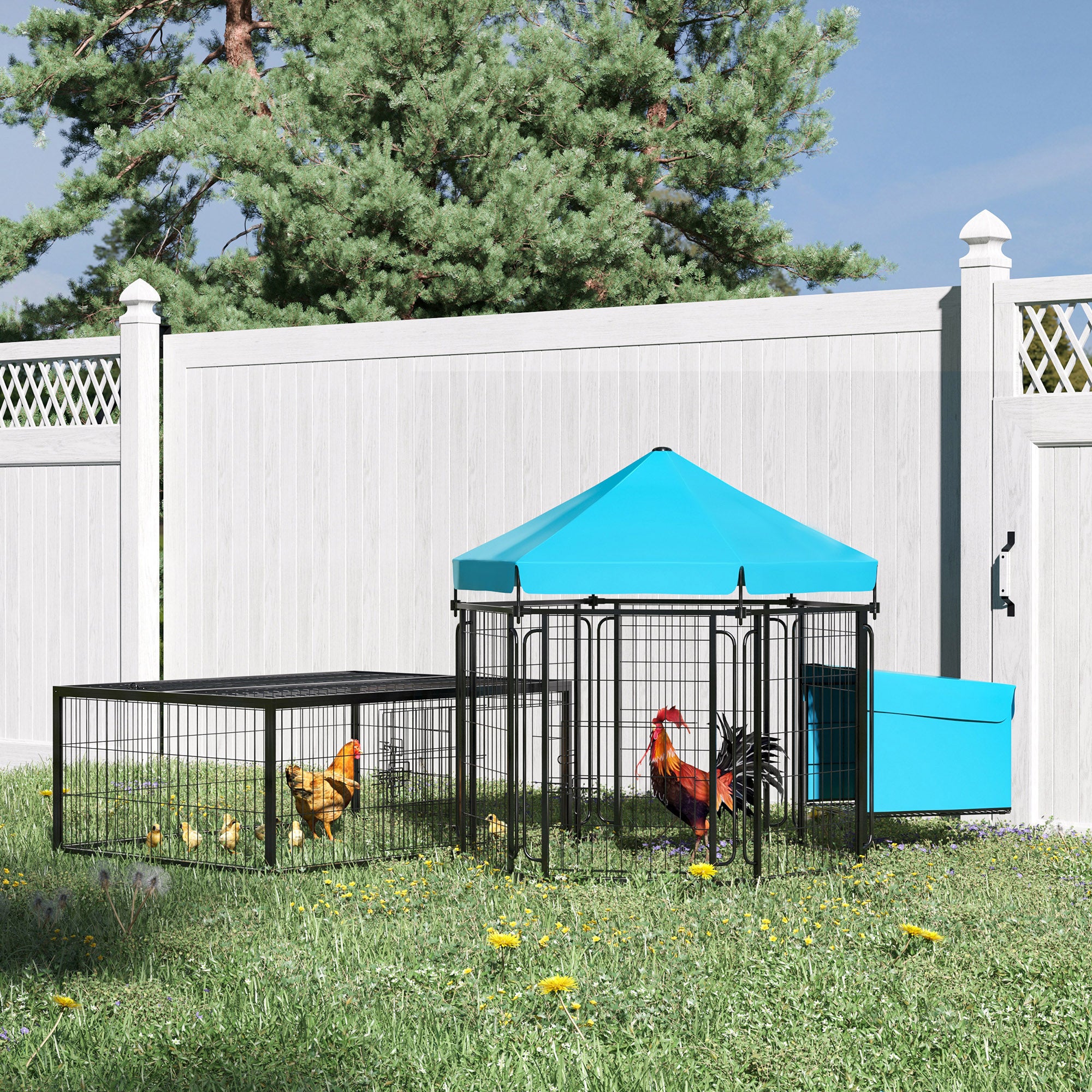 PawHut Rabbit Hutch Chicken Coop, Outdoor Steel Run, Detachable Hen House Poultry Cage w/ Water-Resistant Canopy, Nesting Box - Blue