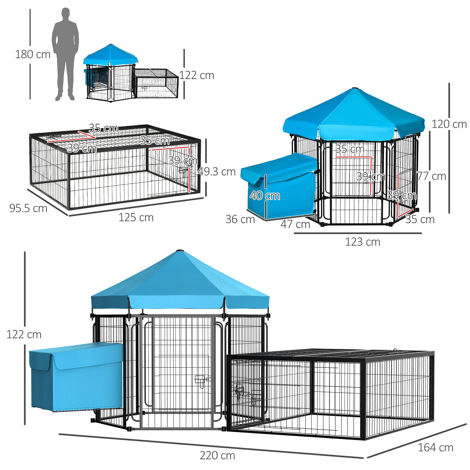 PawHut Rabbit Hutch Chicken Coop, Outdoor Steel Run, Detachable Hen House Poultry Cage w/ Water-Resistant Canopy, Nesting Box - Blue