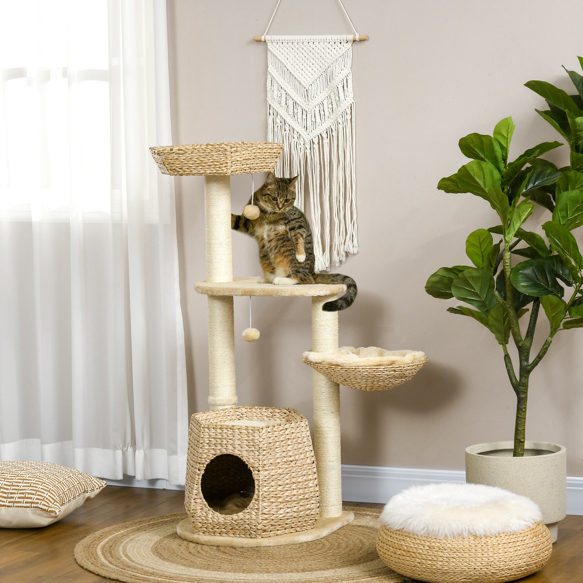 PawHut Cat Tree Tower for Indoor Cats, Climbing Activity Centre, Kitten Furniture with Cattail Fluff Bed House, Sisal Scratching Post, Hanging Ball, 50 x 50 x 119cm, Natural Tone