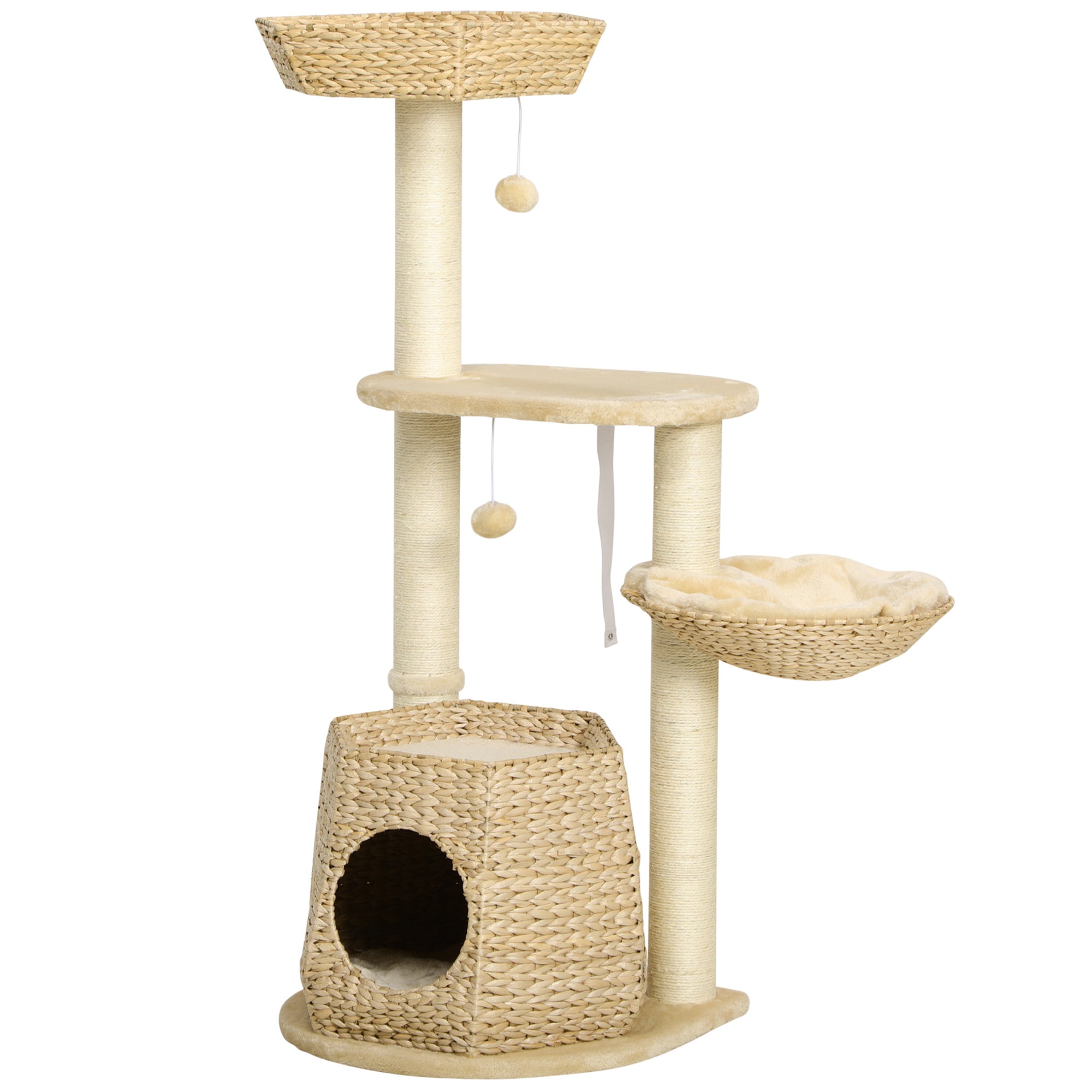 PawHut Cat Tree Tower for Indoor Cats, Climbing Activity Centre, Kitten Furniture with Cattail Fluff Bed House, Sisal Scratching Post, Hanging Ball, 50 x 50 x 119cm, Natural Tone