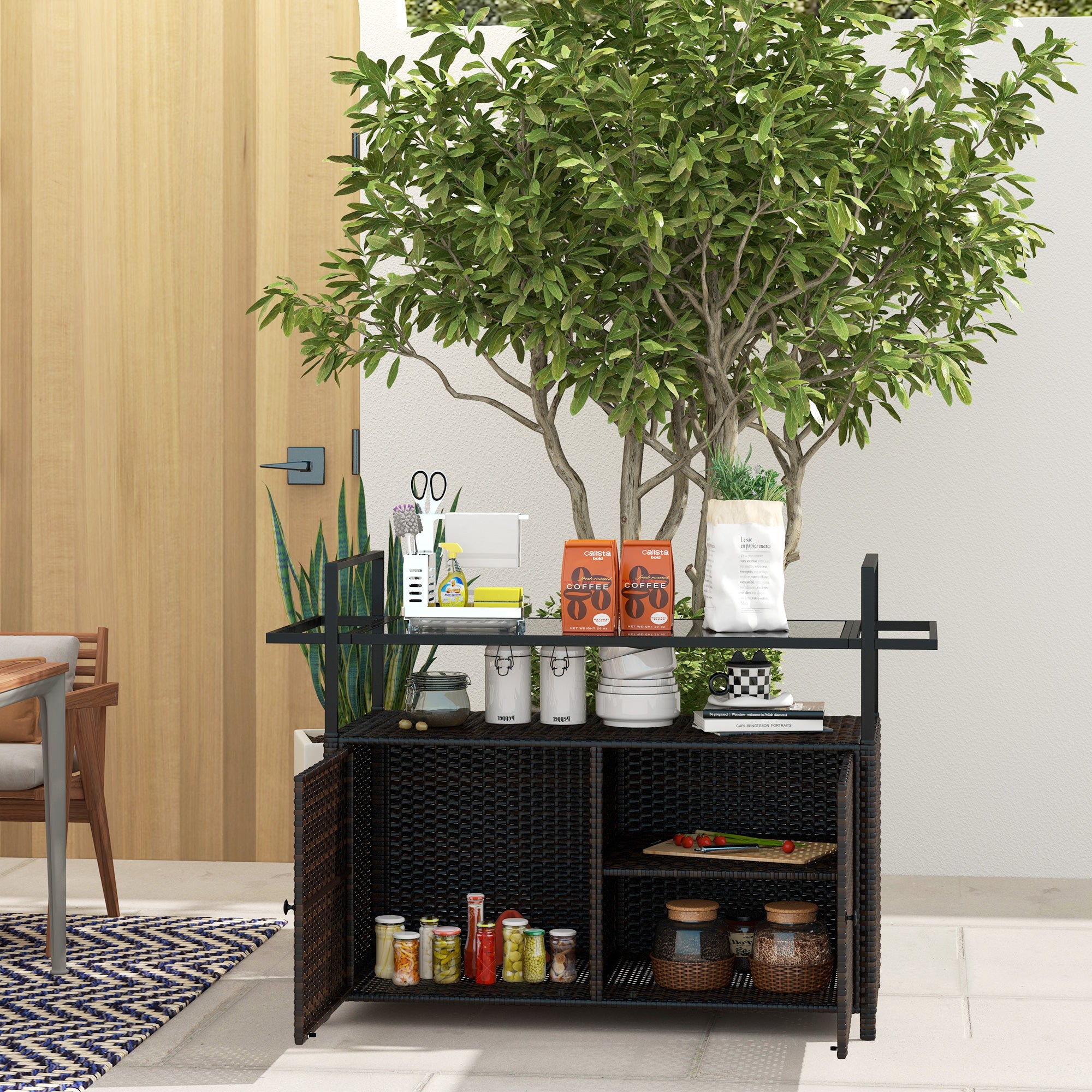 Outsunny PE Rattan Outdoor Bar Cart with Wheels, 2-Tier Outdoor Kitchen Island with Shelf & Cabinet, Rolling Cart with Glass Top, Handles, Towel Racks for Poolside, Mixed Brown