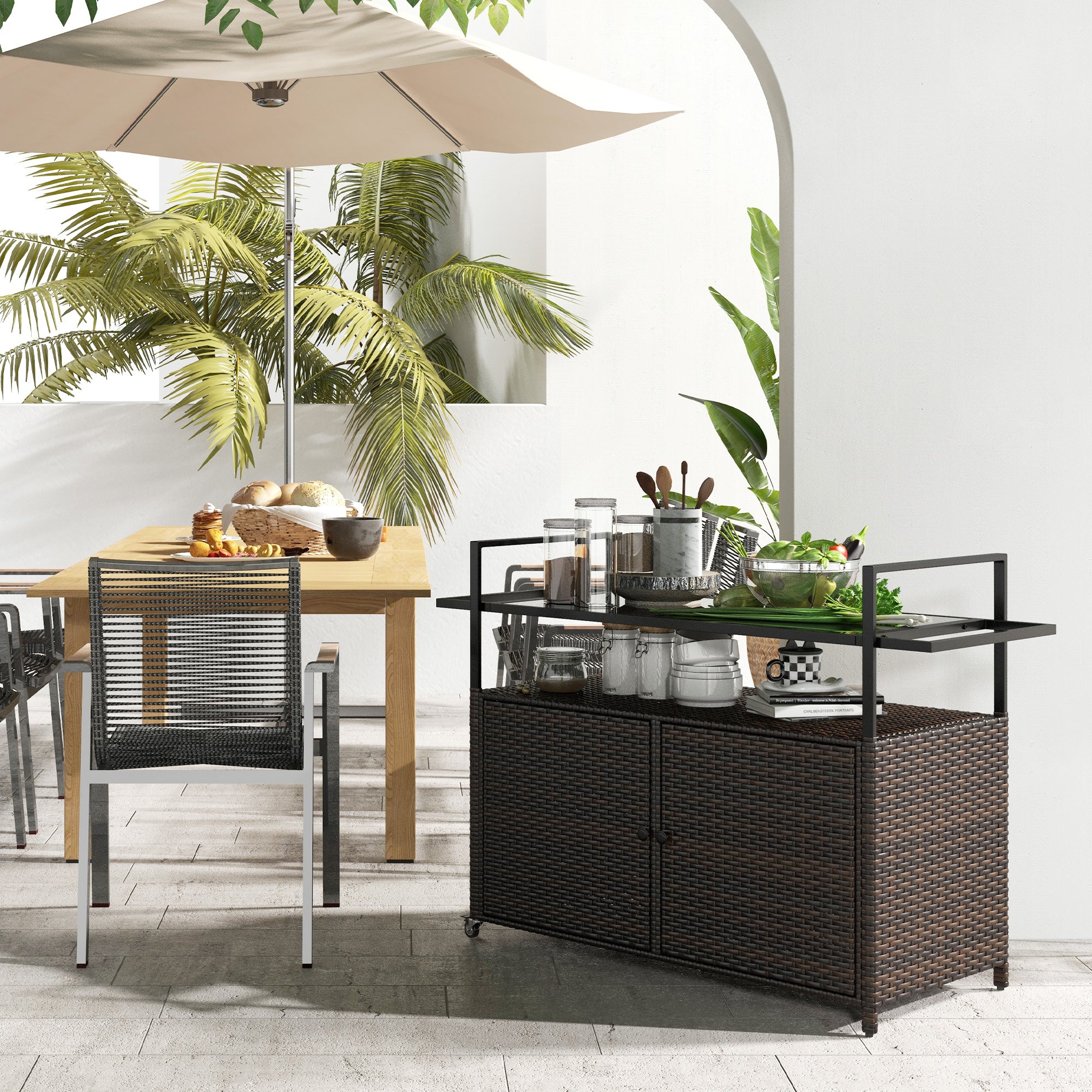 Outsunny PE Rattan Outdoor Bar Cart with Wheels, 2-Tier Outdoor Kitchen Island with Shelf & Cabinet, Rolling Cart with Glass Top, Handles, Towel Racks for Poolside, Mixed Brown