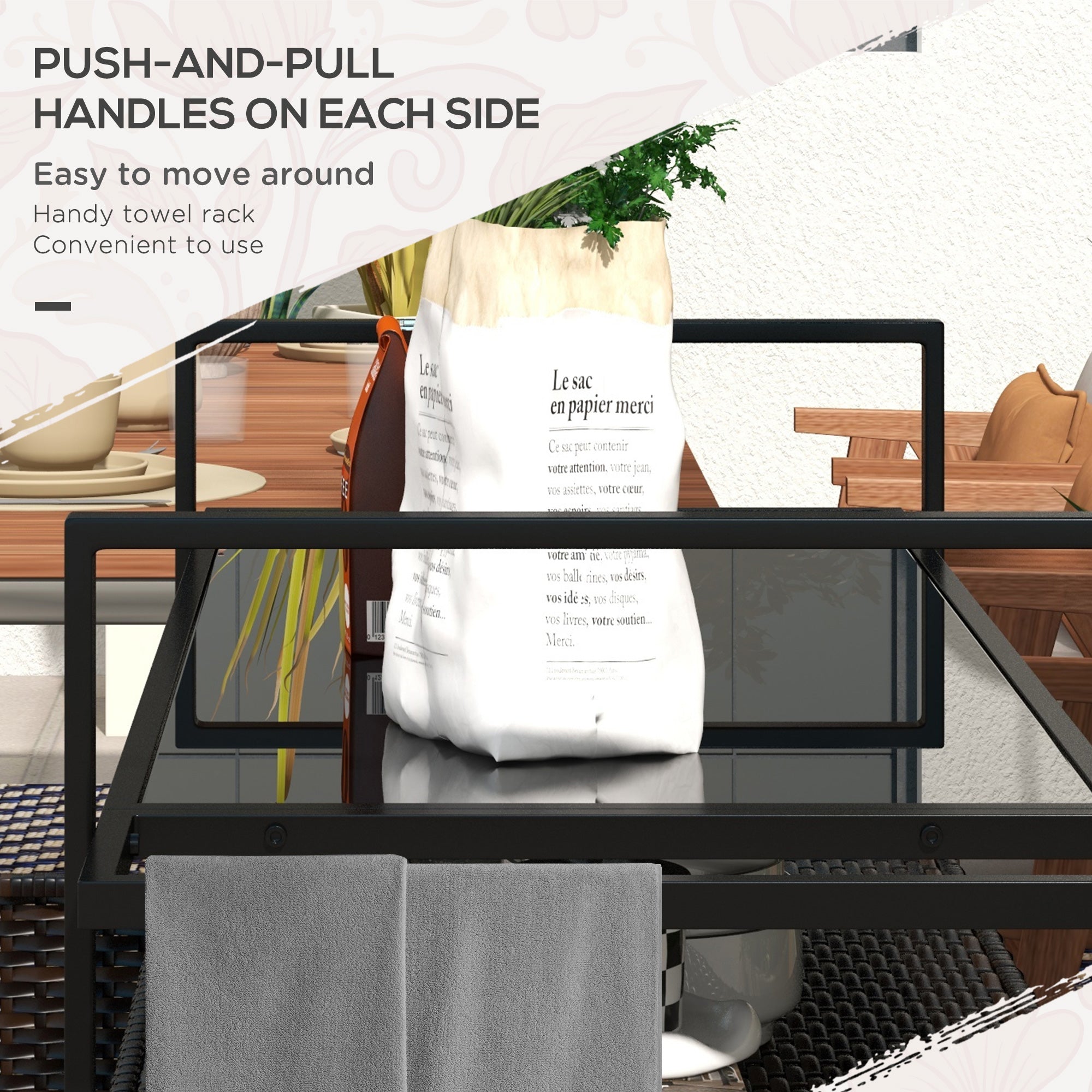 Outsunny PE Rattan Outdoor Bar Cart with Wheels, 2-Tier Outdoor Kitchen Island with Shelf & Cabinet, Rolling Cart with Glass Top, Handles, Towel Racks for Poolside, Mixed Brown