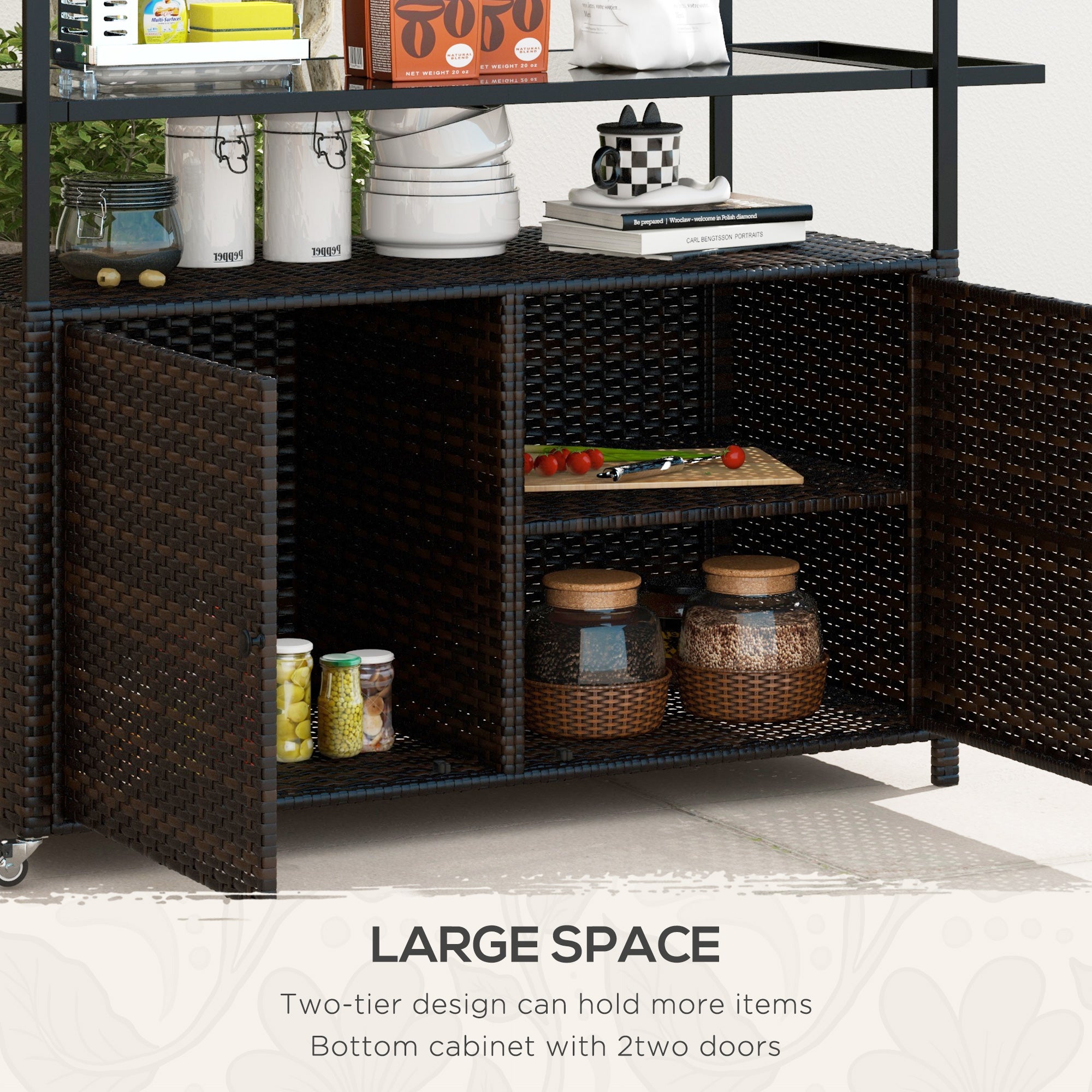 Outsunny PE Rattan Outdoor Bar Cart with Wheels, 2-Tier Outdoor Kitchen Island with Shelf & Cabinet, Rolling Cart with Glass Top, Handles, Towel Racks for Poolside, Mixed Brown