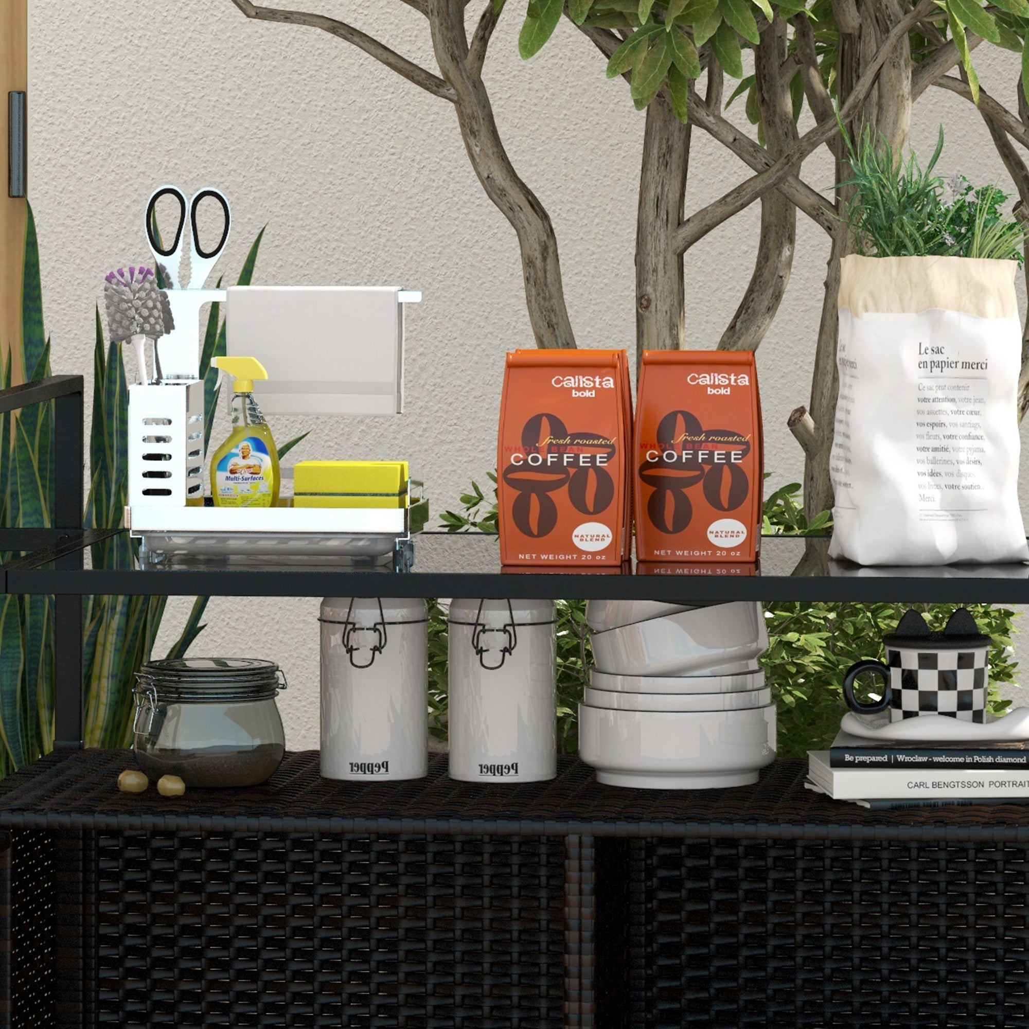 Outsunny PE Rattan Outdoor Bar Cart with Wheels, 2-Tier Outdoor Kitchen Island with Shelf & Cabinet, Rolling Cart with Glass Top, Handles, Towel Racks for Poolside, Mixed Brown