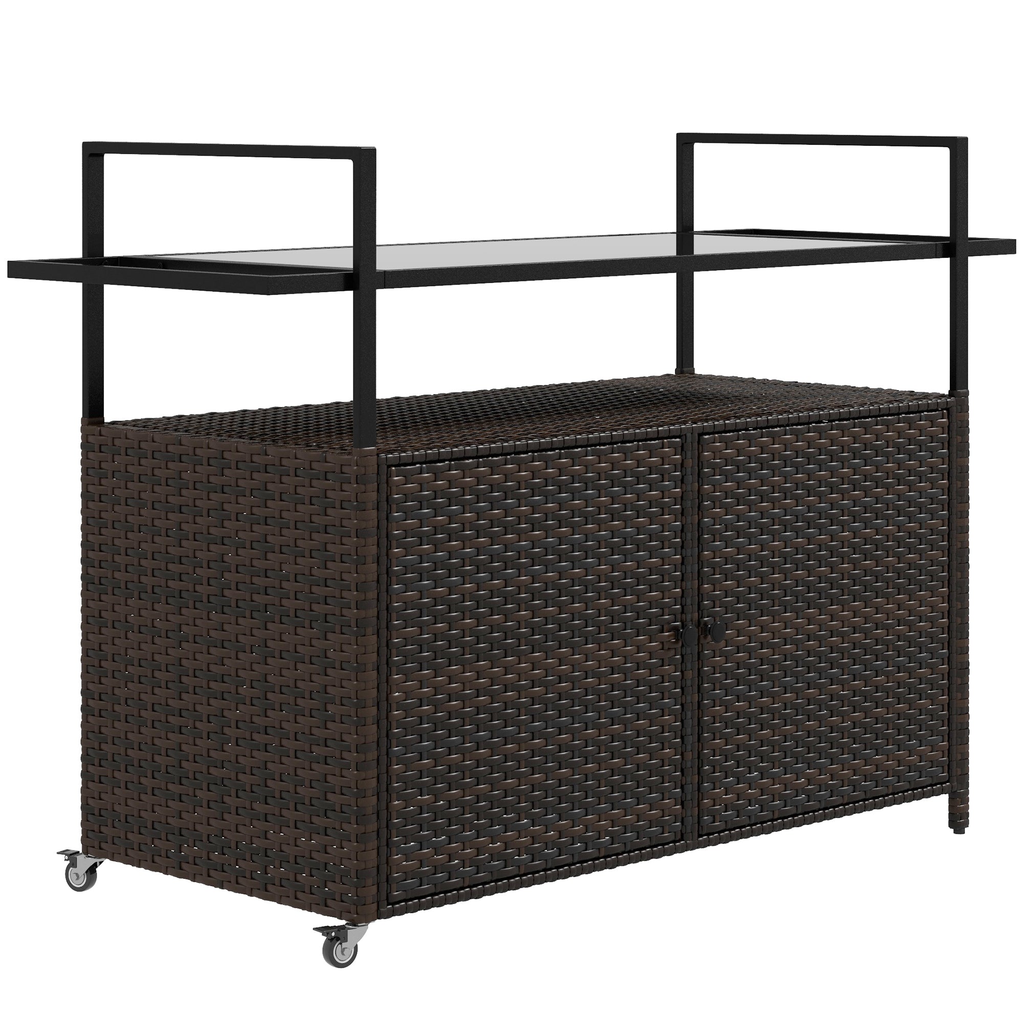 Outsunny PE Rattan Outdoor Bar Cart with Wheels, 2-Tier Outdoor Kitchen Island with Shelf & Cabinet, Rolling Cart with Glass Top, Handles, Towel Racks for Poolside, Mixed Brown