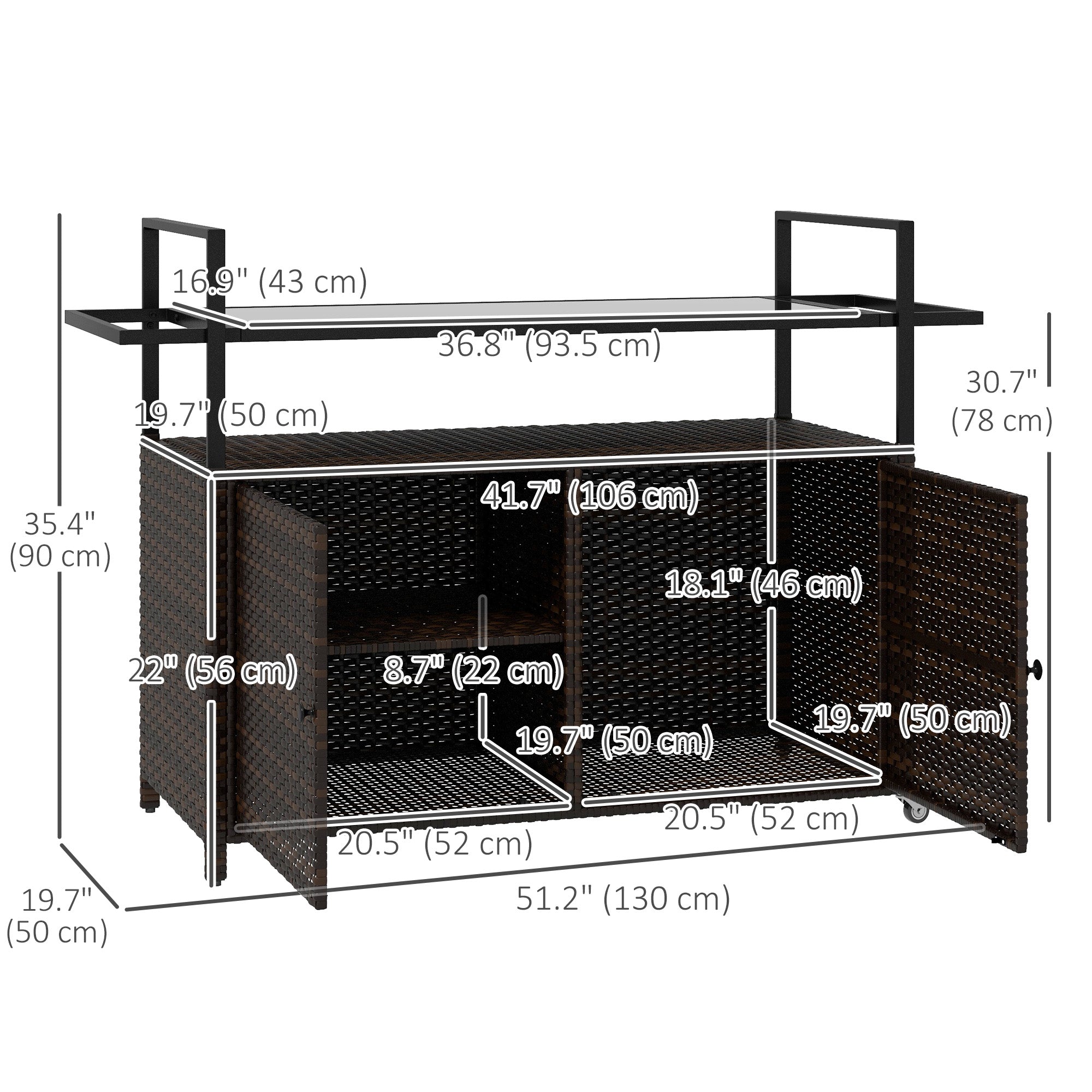 Outsunny PE Rattan Outdoor Bar Cart with Wheels, 2-Tier Outdoor Kitchen Island with Shelf & Cabinet, Rolling Cart with Glass Top, Handles, Towel Racks for Poolside, Mixed Brown