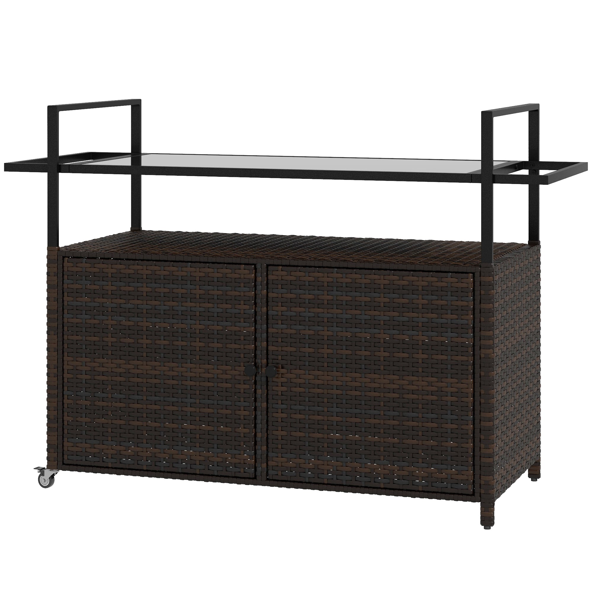 Outsunny PE Rattan Outdoor Bar Cart with Wheels, 2-Tier Outdoor Kitchen Island with Shelf & Cabinet, Rolling Cart with Glass Top, Handles, Towel Racks for Poolside, Mixed Brown