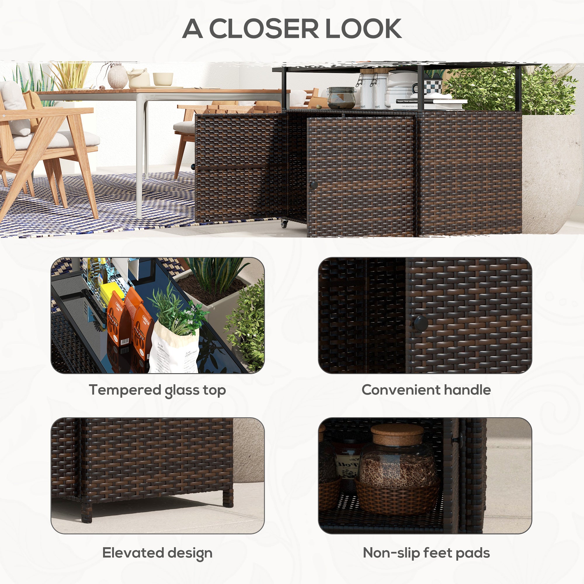 Outsunny PE Rattan Outdoor Bar Cart with Wheels, 2-Tier Outdoor Kitchen Island with Shelf & Cabinet, Rolling Cart with Glass Top, Handles, Towel Racks for Poolside, Mixed Brown