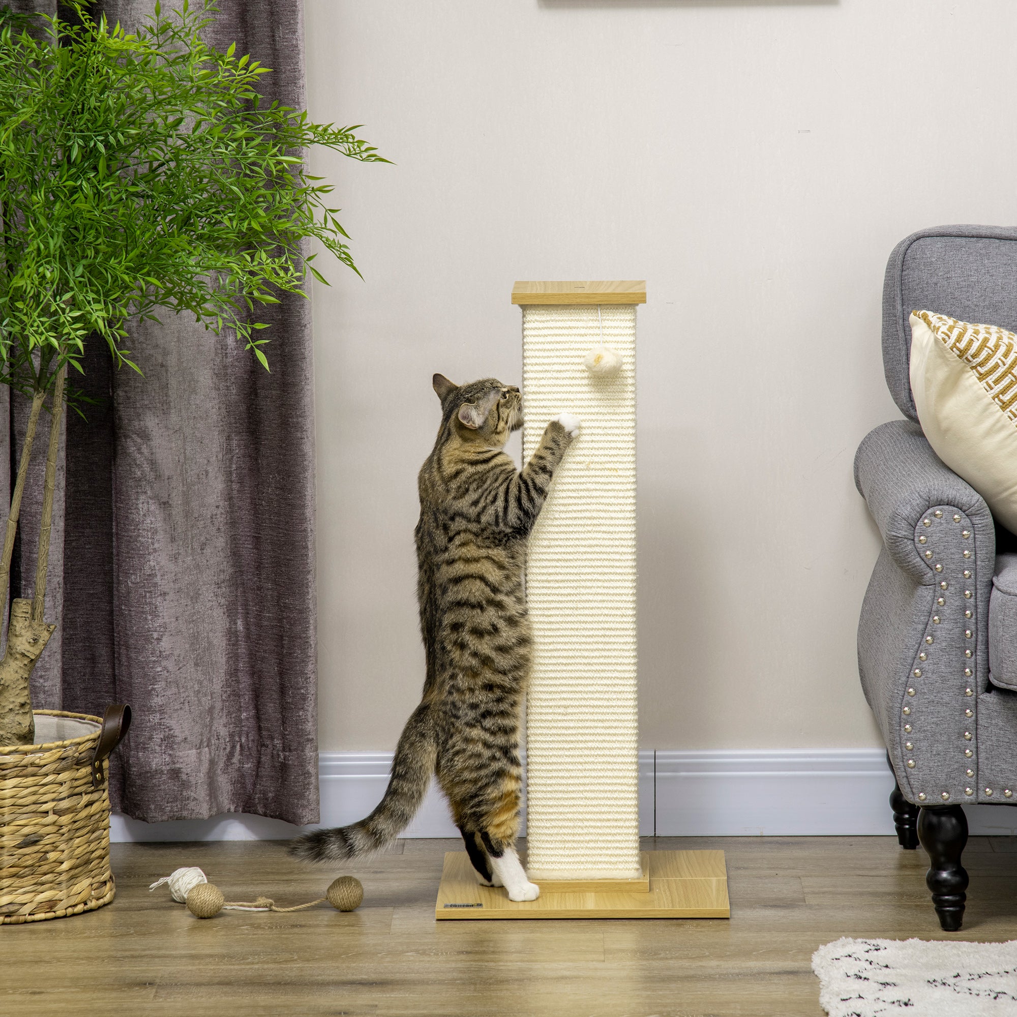 PawHut Cat Scratching Post 80cm Tall Cat Scratch Post with Hanging Ball Toy, Cat Scratcher Natural Sisal Rope