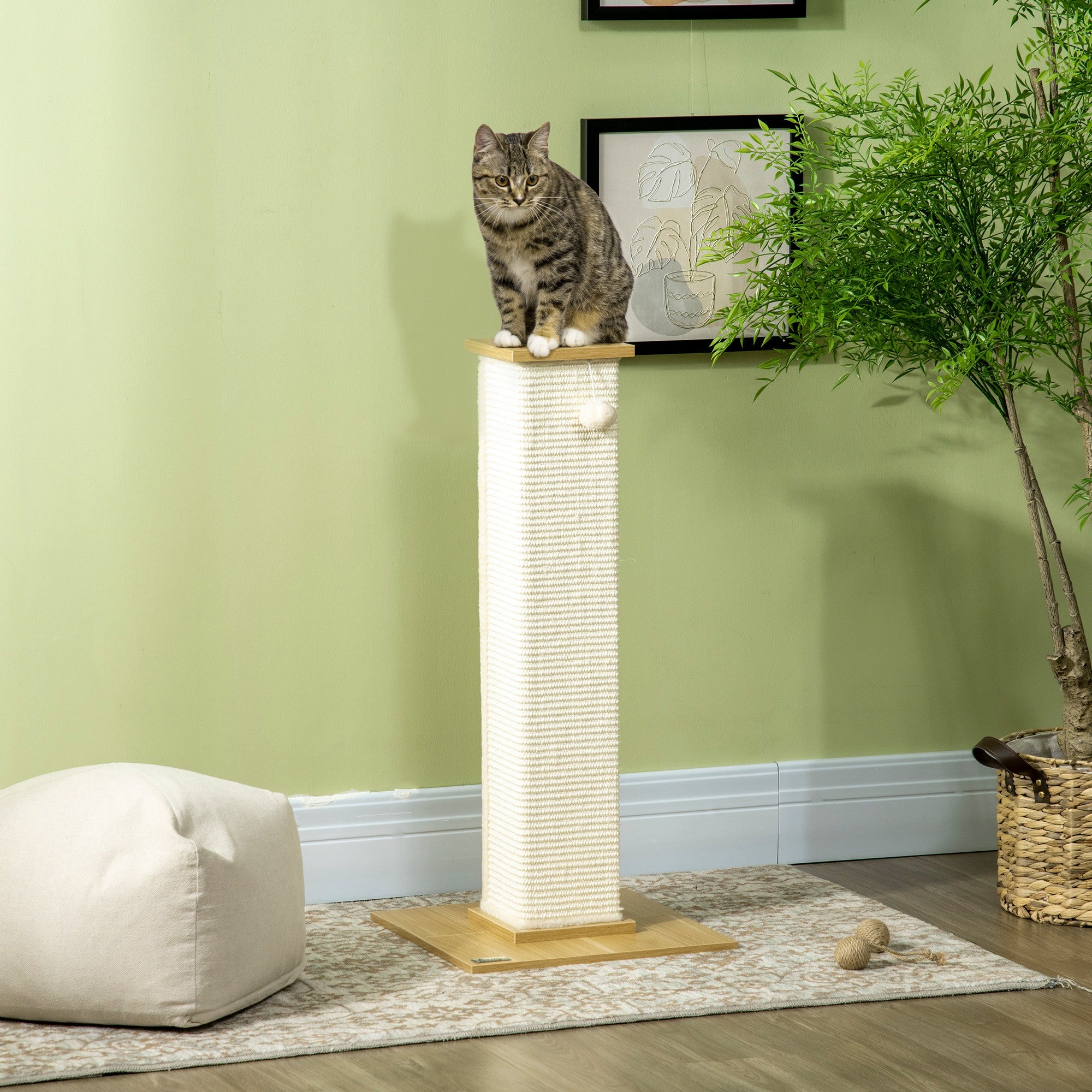 PawHut Cat Scratching Post 80cm Tall Cat Scratch Post with Hanging Ball Toy, Cat Scratcher Natural Sisal Rope