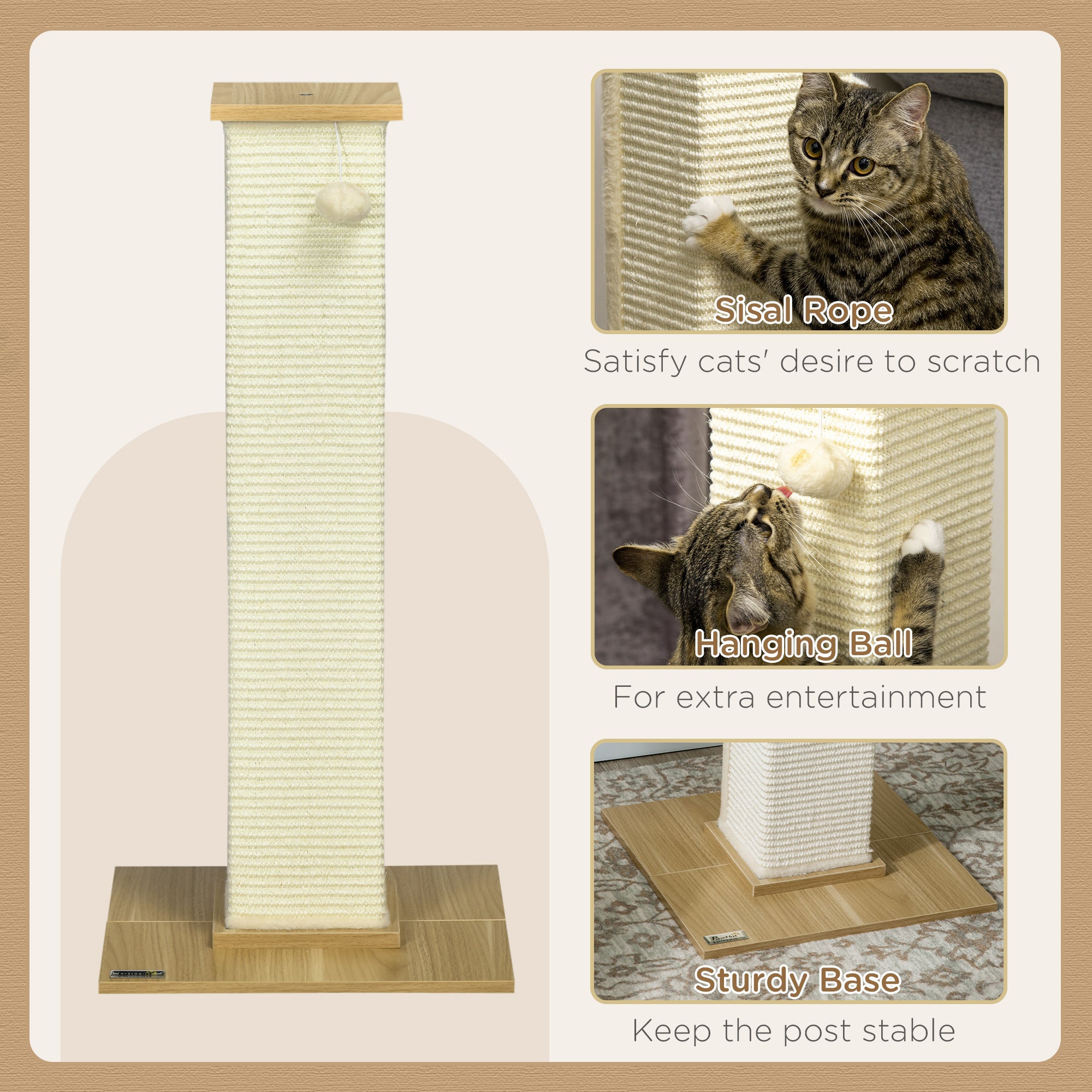 PawHut Cat Scratching Post 80cm Tall Cat Scratch Post with Hanging Ball Toy, Cat Scratcher Natural Sisal Rope