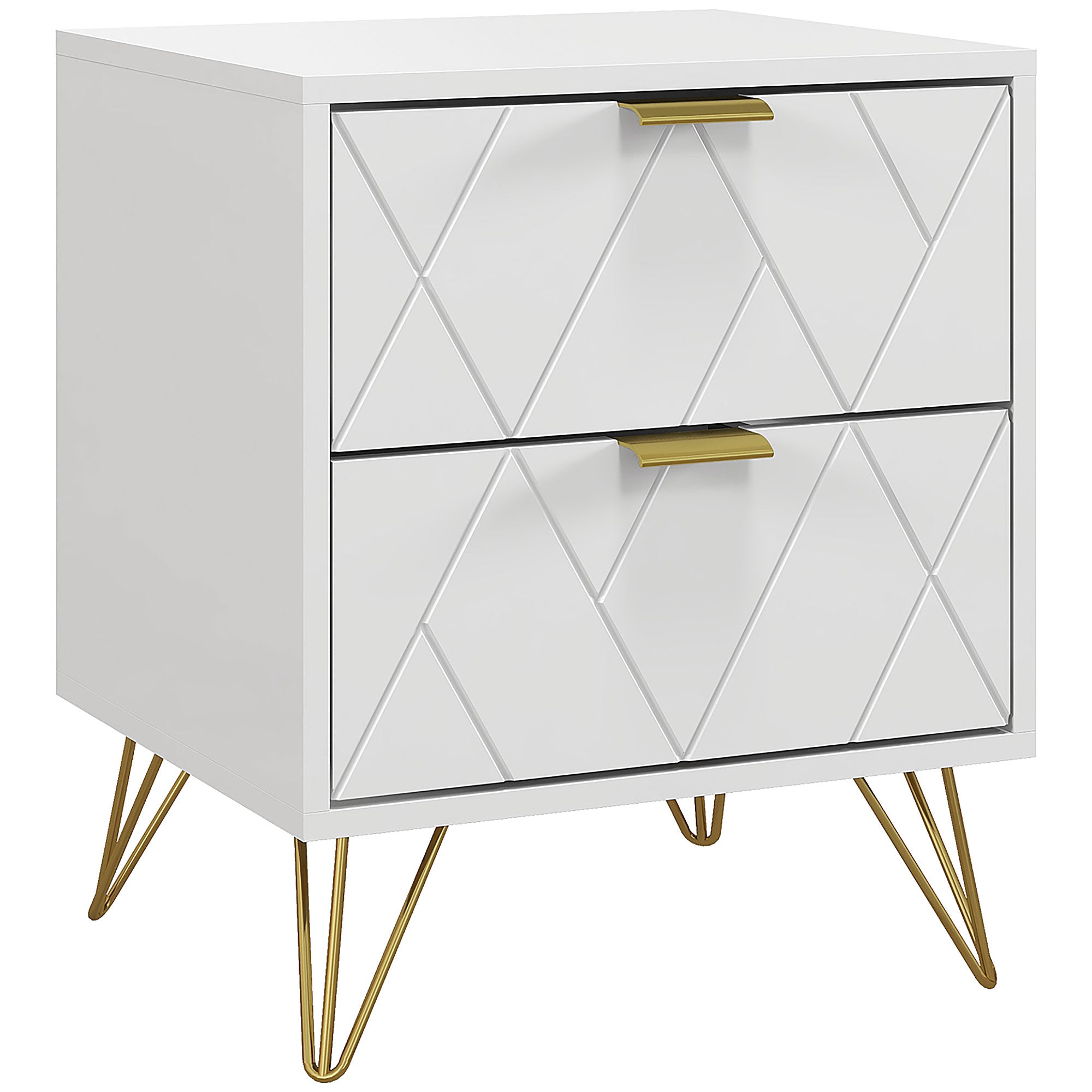 HOMCOM Bedside Table, Modern Nightstand with 2 Drawers, Small Sofa End Table with Storage and Gold Hairpin Legs for Bedroom, White