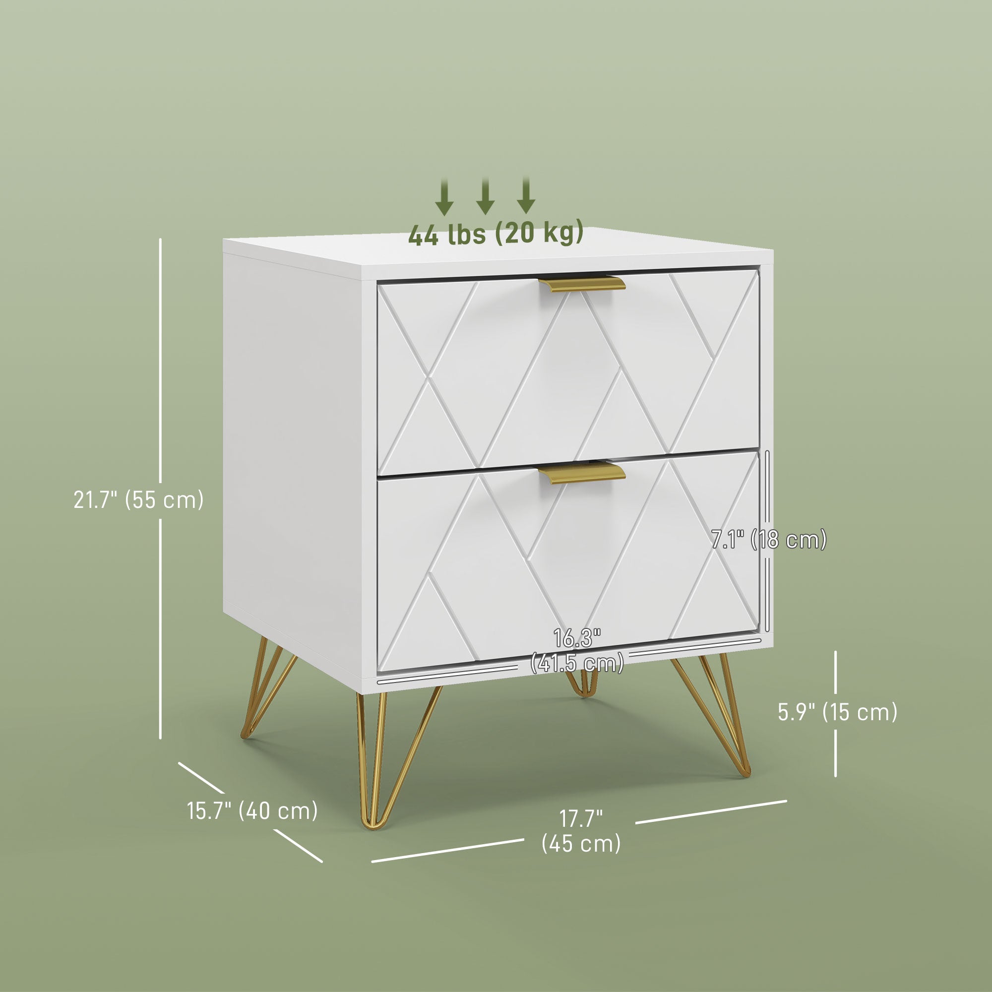 HOMCOM Bedside Table, Modern Nightstand with 2 Drawers, Small Sofa End Table with Storage and Gold Hairpin Legs for Bedroom, White