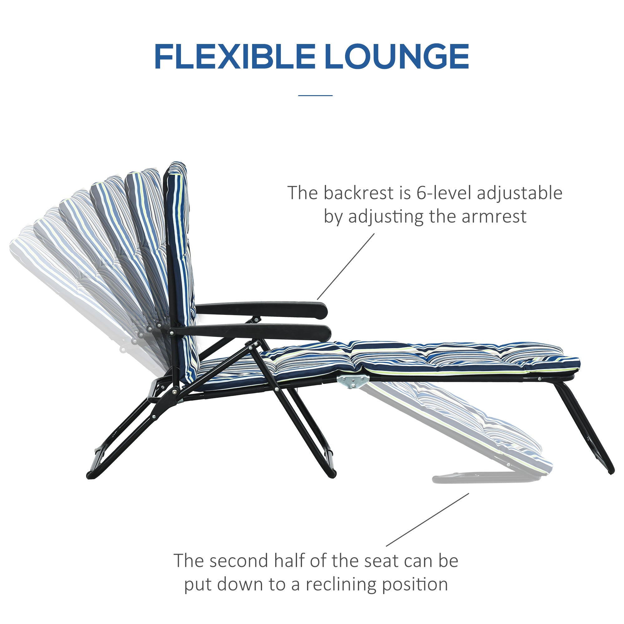 Outsunny Folding Lounge Chair, Reclining Tanning Chair, Sun Lounger with 6-Position Adjustable Back, Padded Cushion for Patio, Garden, Beach, Pool, Blue and White