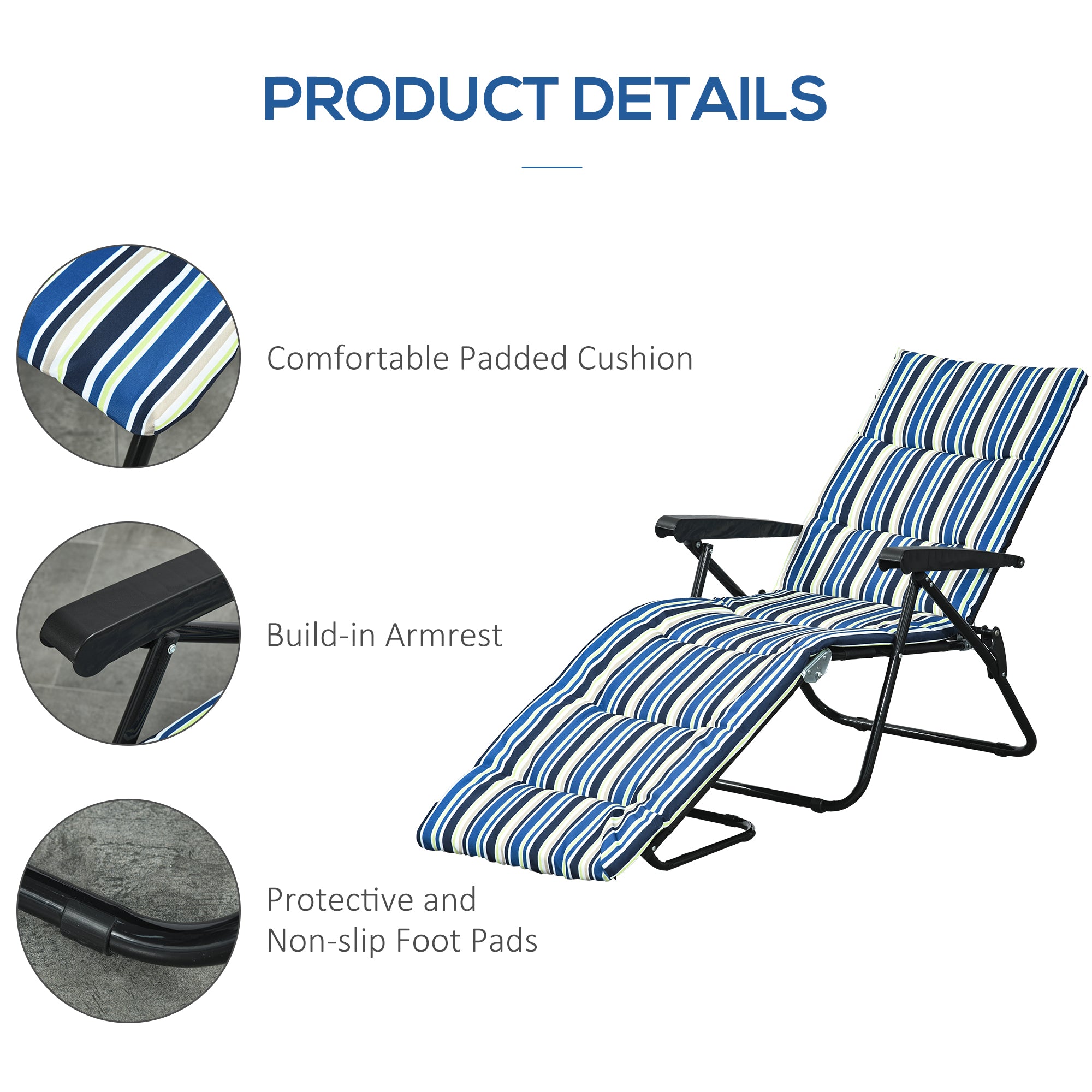 Outsunny Folding Lounge Chair, Reclining Tanning Chair, Sun Lounger with 6-Position Adjustable Back, Padded Cushion for Patio, Garden, Beach, Pool, Blue and White