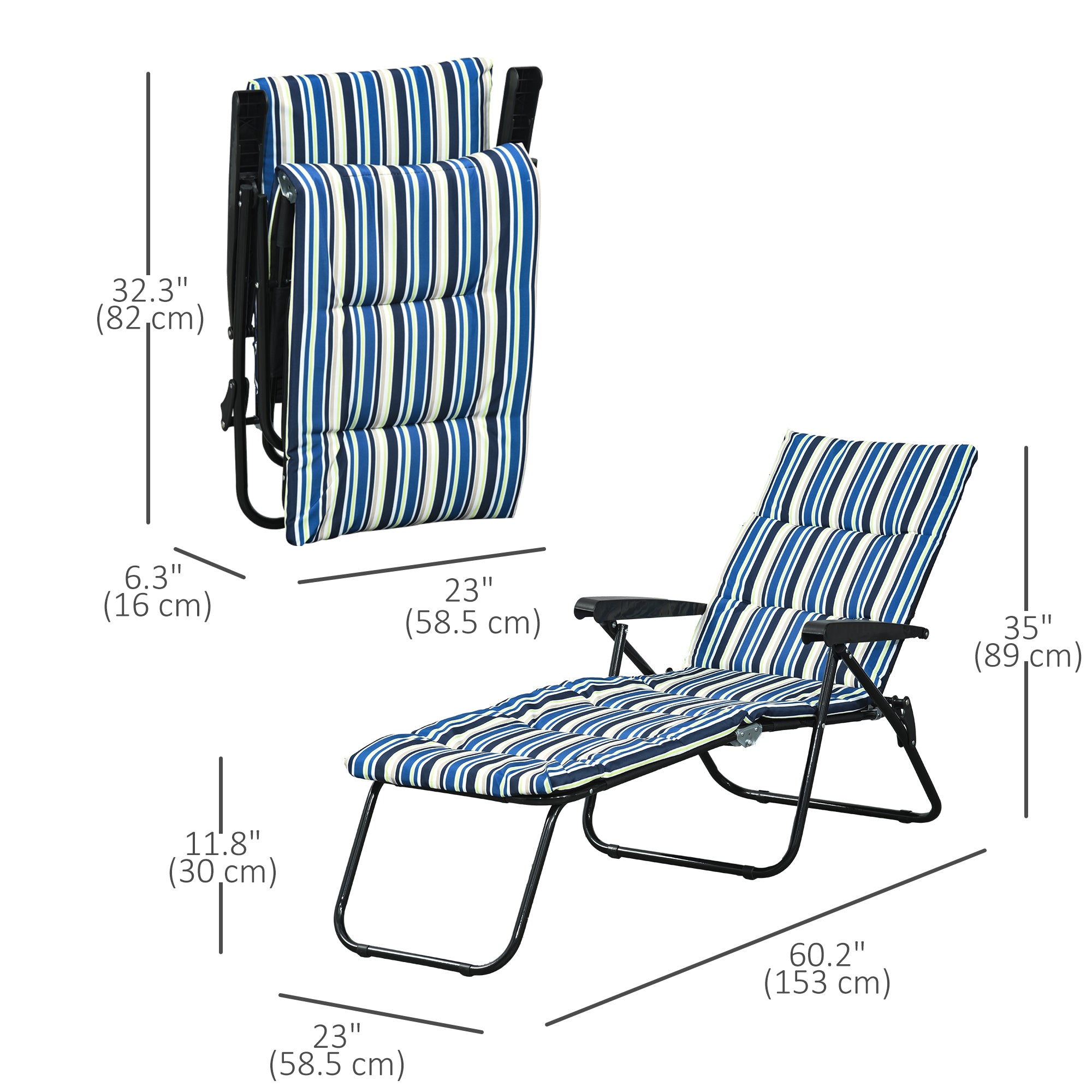 Outsunny Folding Lounge Chair, Reclining Tanning Chair, Sun Lounger with 6-Position Adjustable Back, Padded Cushion for Patio, Garden, Beach, Pool, Blue and White