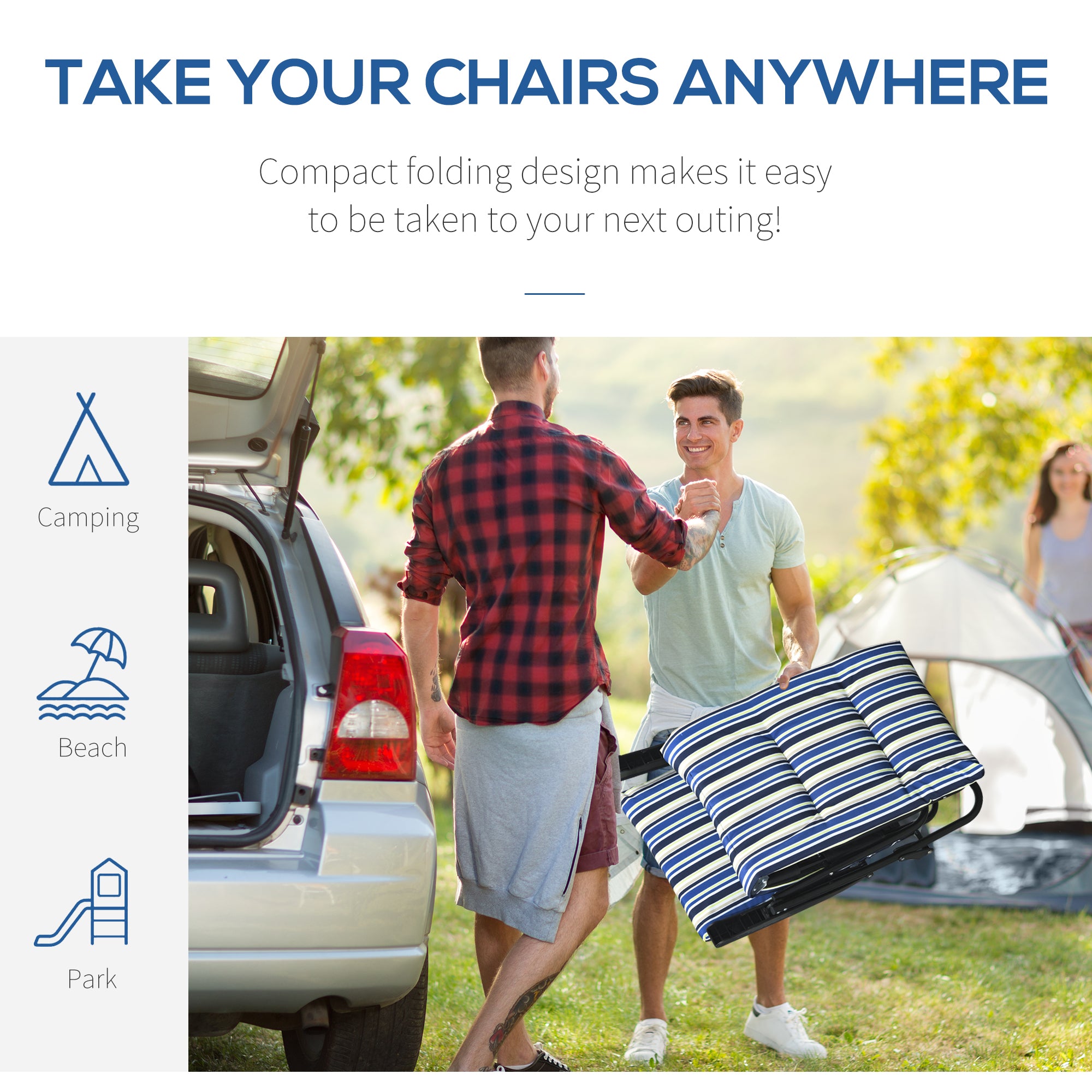 Outsunny Folding Lounge Chair, Reclining Tanning Chair, Sun Lounger with 6-Position Adjustable Back, Padded Cushion for Patio, Garden, Beach, Pool, Blue and White