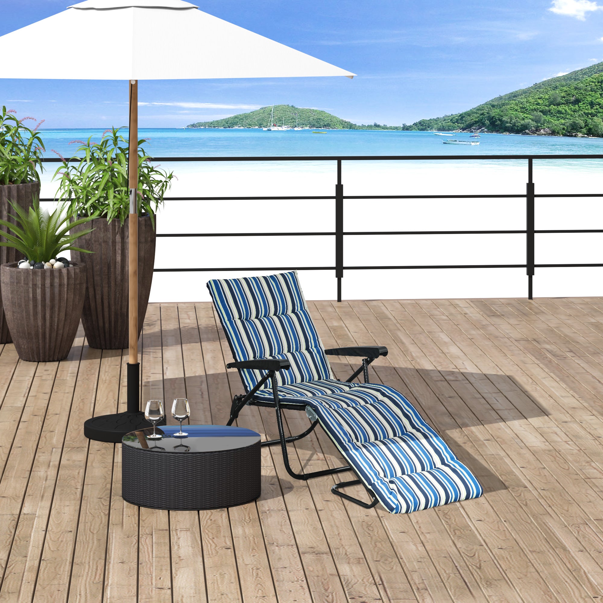Outsunny Folding Lounge Chair, Reclining Tanning Chair, Sun Lounger with 6-Position Adjustable Back, Padded Cushion for Patio, Garden, Beach, Pool, Blue and White
