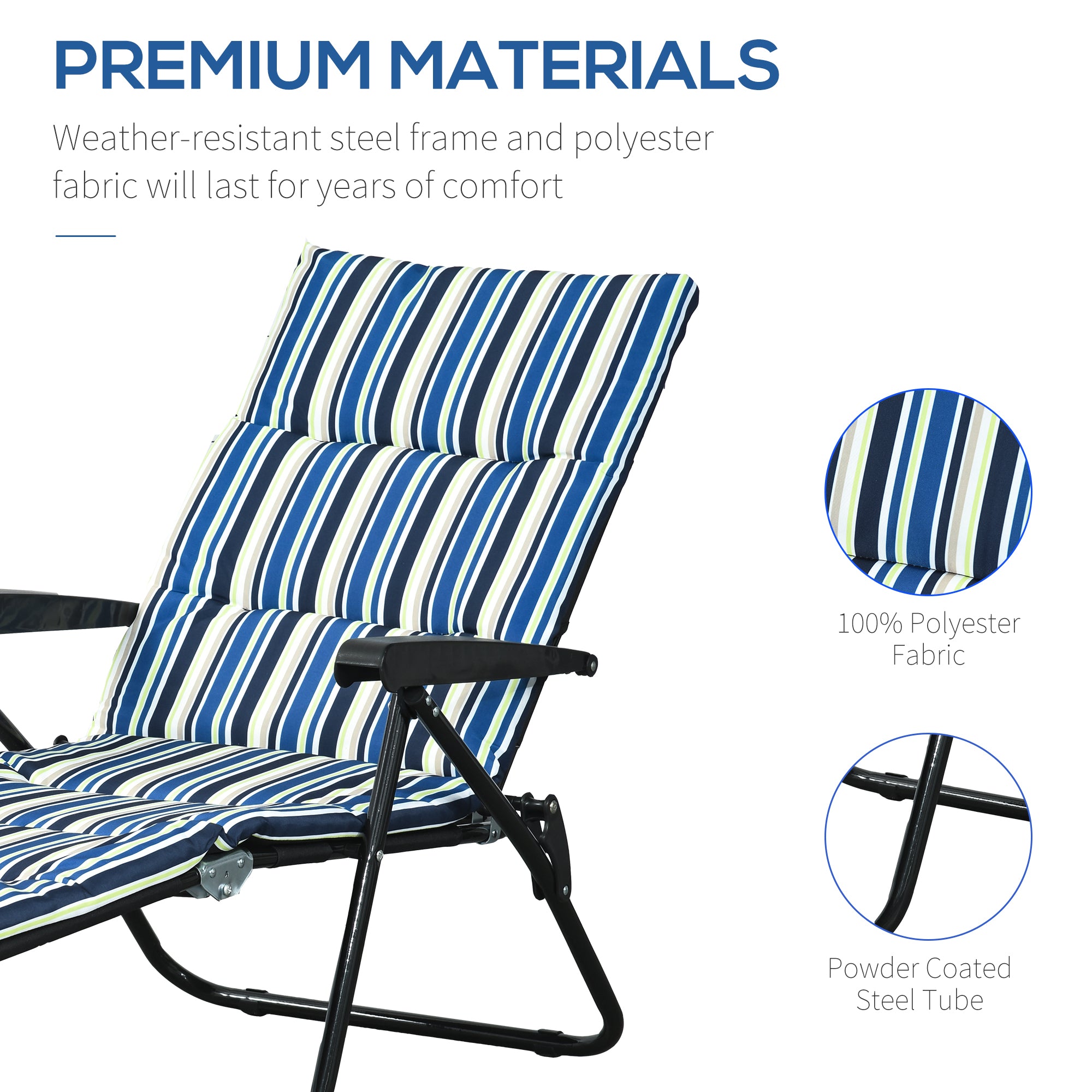 Outsunny Folding Lounge Chair, Reclining Tanning Chair, Sun Lounger with 6-Position Adjustable Back, Padded Cushion for Patio, Garden, Beach, Pool, Blue and White