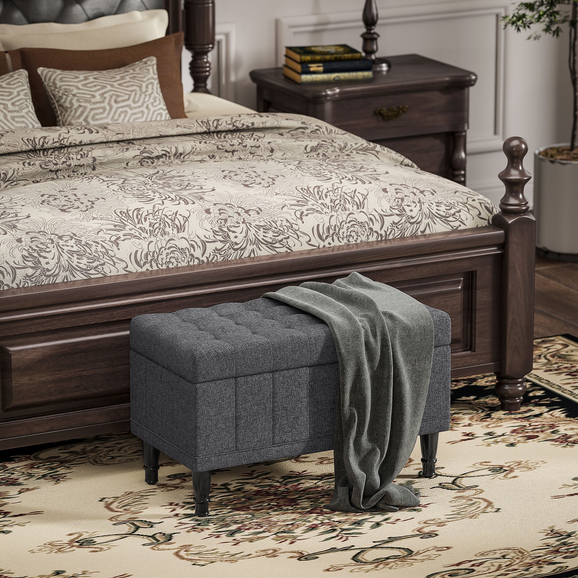 HOMCOM Storage Ottoman, Linen Fabric End of Bed Bench with Soft Close Lid, Button Tufted Storage Bench for Living Room, Entryway or Bedroom, 31.5