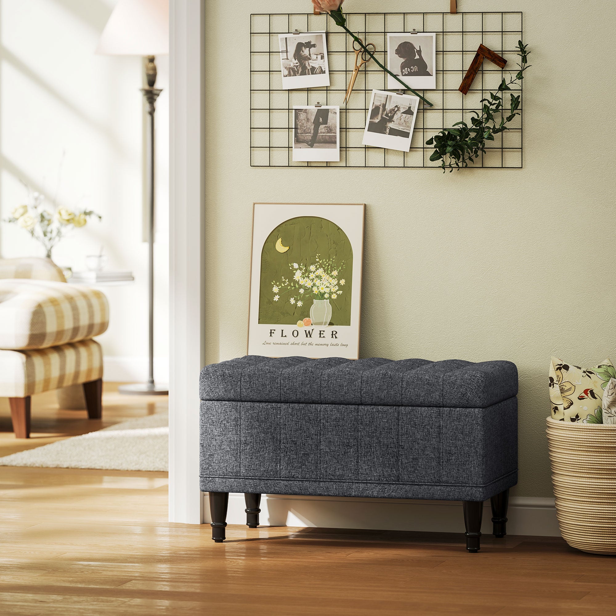 HOMCOM Storage Ottoman, Linen Fabric End of Bed Bench with Soft Close Lid, Button Tufted Storage Bench for Living Room, Entryway or Bedroom, 31.5" x 15.7" x 18.9", Grey