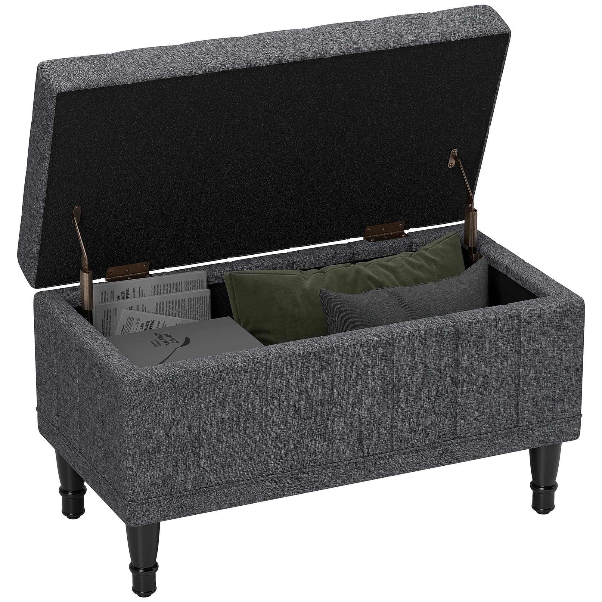 HOMCOM Storage Ottoman, Linen Fabric End of Bed Bench with Soft Close Lid, Button Tufted Storage Bench for Living Room, Entryway or Bedroom, 31.5