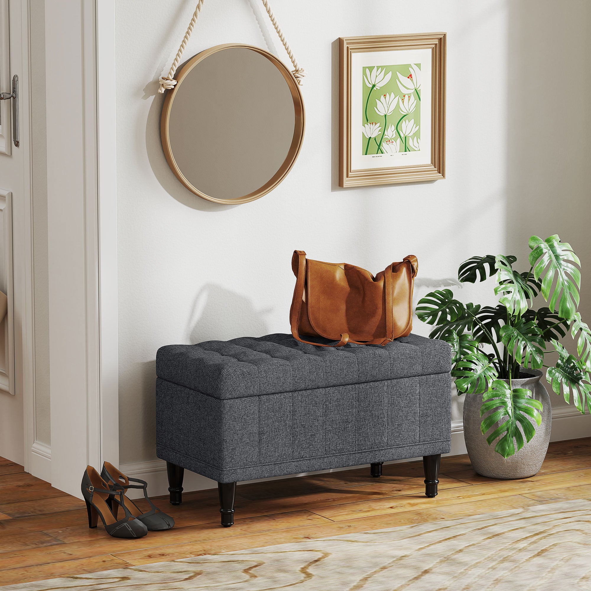 HOMCOM Storage Ottoman, Linen Fabric End of Bed Bench with Soft Close Lid, Button Tufted Storage Bench for Living Room, Entryway or Bedroom, 31.5