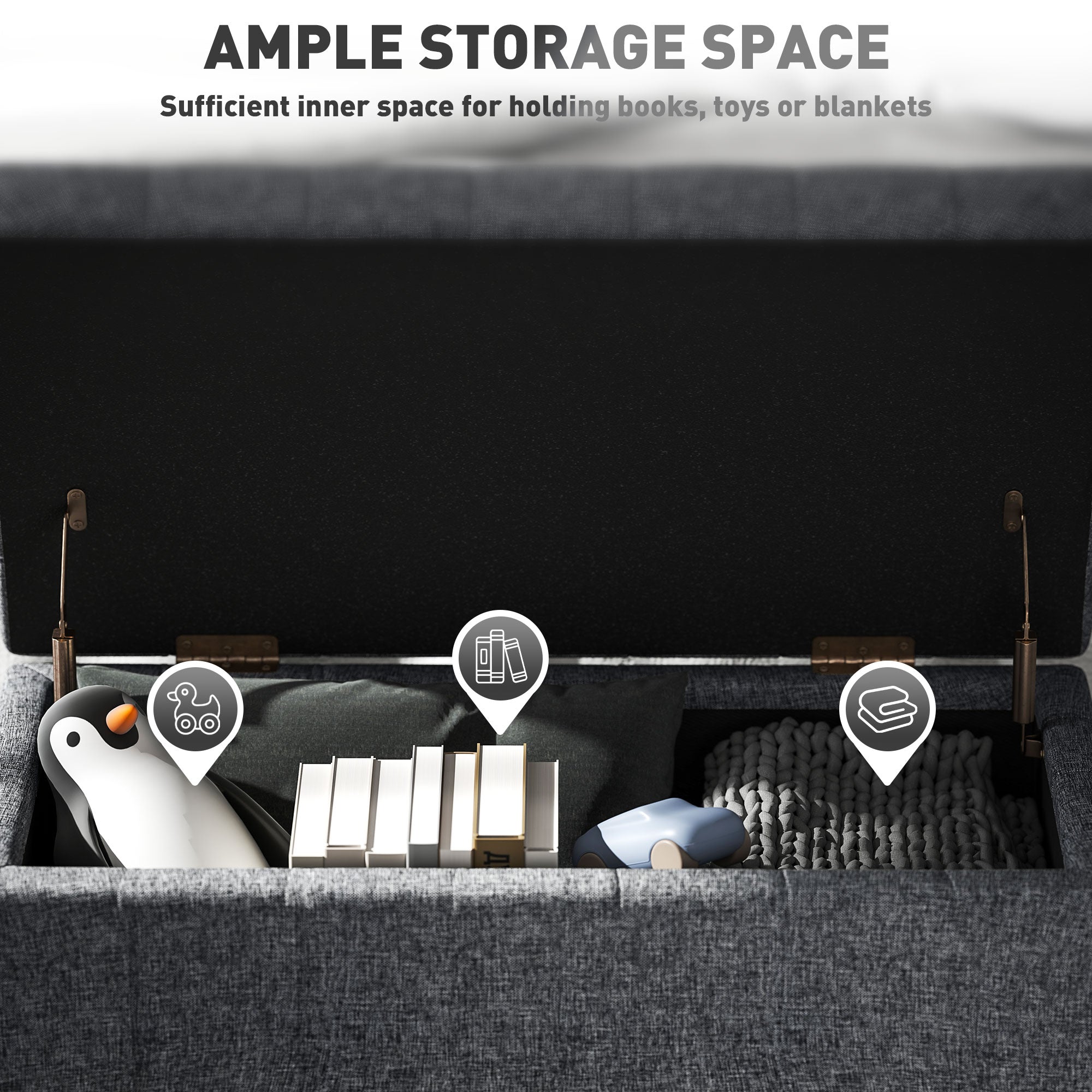 HOMCOM Storage Ottoman, Linen Fabric End of Bed Bench with Soft Close Lid, Button Tufted Storage Bench for Living Room, Entryway or Bedroom, 31.5" x 15.7" x 18.9", Grey