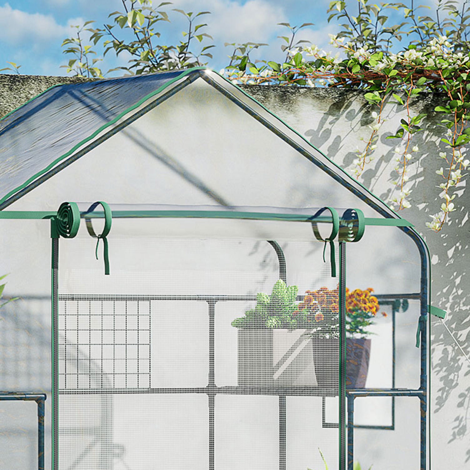 Outsunny 3-Tier Mini Greenhouse, Walk-in Greenhouse, Garden Hot House with 4 Shelves, Roll-Up Door, Mesh Windows, Trellis and Plant Labels, 56