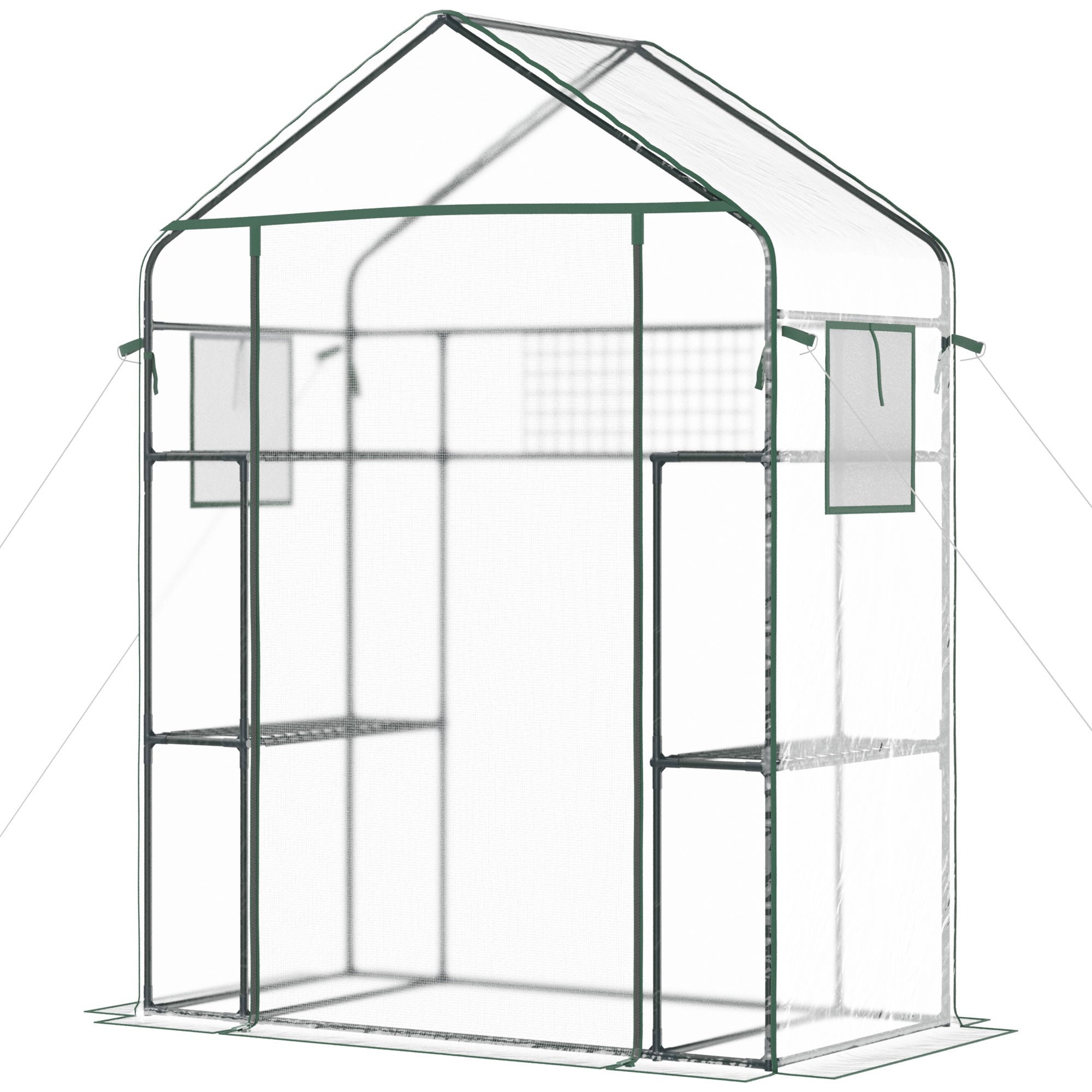 Outsunny 3-Tier Mini Greenhouse, Walk-in Greenhouse, Garden Hot House with 4 Shelves, Roll-Up Door, Mesh Windows, Trellis and Plant Labels, 56