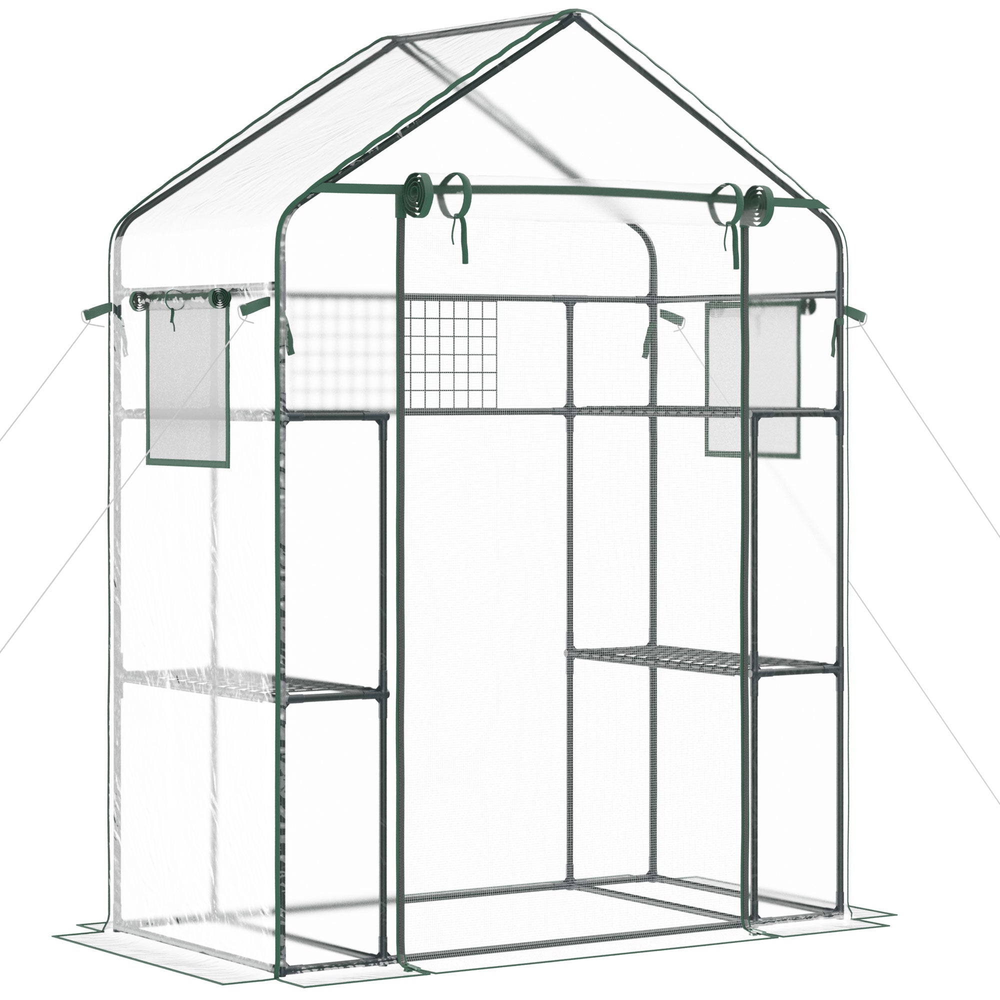 Outsunny 3-Tier Mini Greenhouse, Walk-in Greenhouse, Garden Hot House with 4 Shelves, Roll-Up Door, Mesh Windows, Trellis and Plant Labels, 56" x 29" x 77", Clear