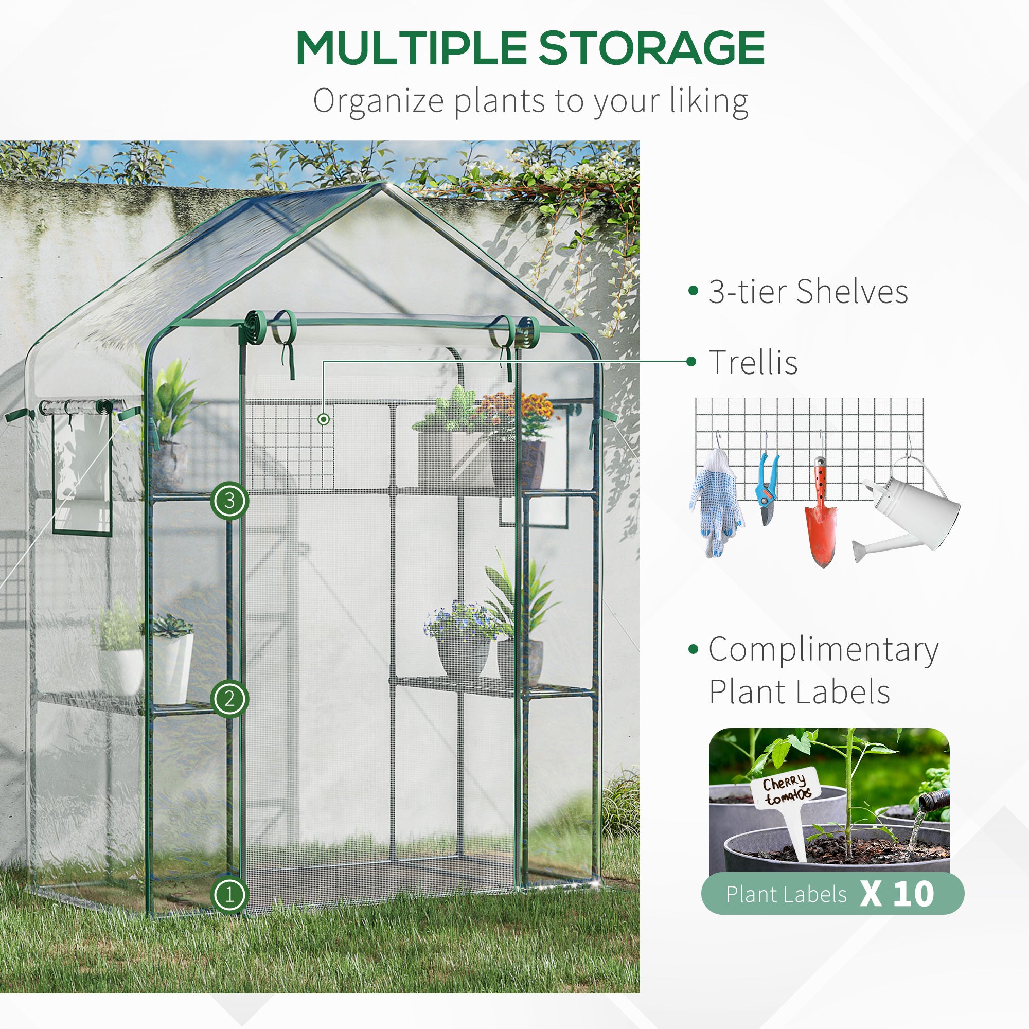 Outsunny 3-Tier Mini Greenhouse, Walk-in Greenhouse, Garden Hot House with 4 Shelves, Roll-Up Door, Mesh Windows, Trellis and Plant Labels, 56" x 29" x 77", Clear