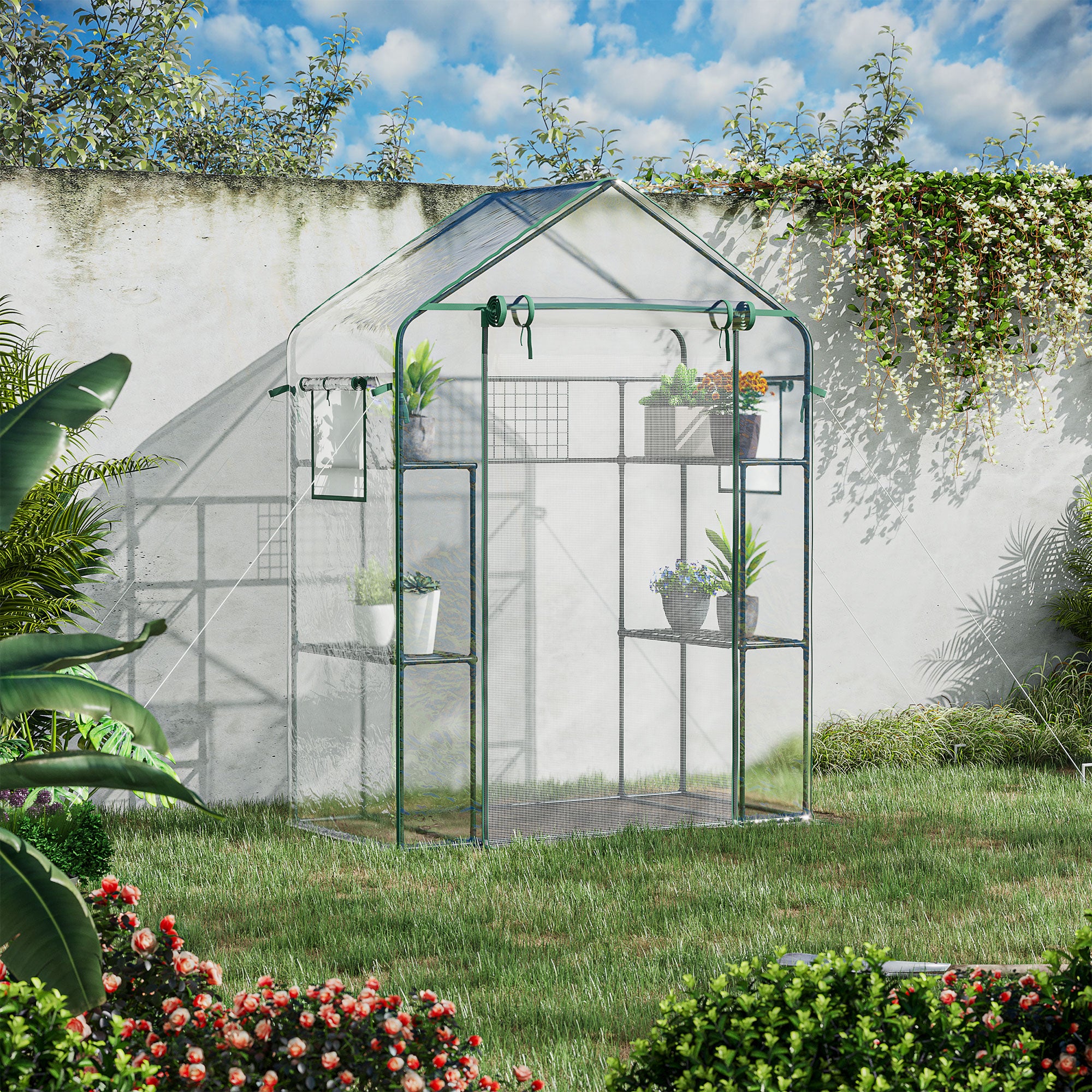 Outsunny 3-Tier Mini Greenhouse, Walk-in Greenhouse, Garden Hot House with 4 Shelves, Roll-Up Door, Mesh Windows, Trellis and Plant Labels, 56" x 29" x 77", Clear