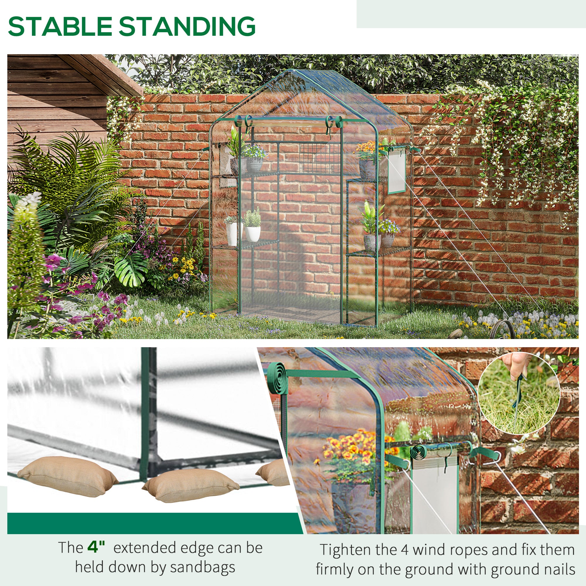 Outsunny 3-Tier Mini Greenhouse, Walk-in Greenhouse, Garden Hot House with 4 Shelves, Roll-Up Door, Mesh Windows, Trellis and Plant Labels, 56" x 29" x 77", Clear