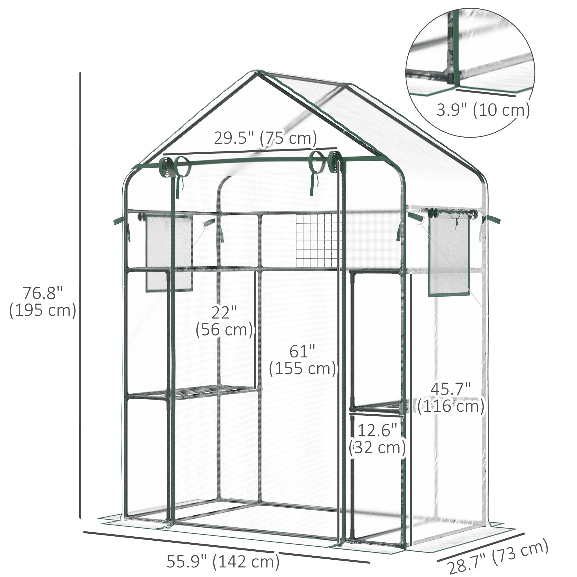 Outsunny 3-Tier Mini Greenhouse, Walk-in Greenhouse, Garden Hot House with 4 Shelves, Roll-Up Door, Mesh Windows, Trellis and Plant Labels, 56