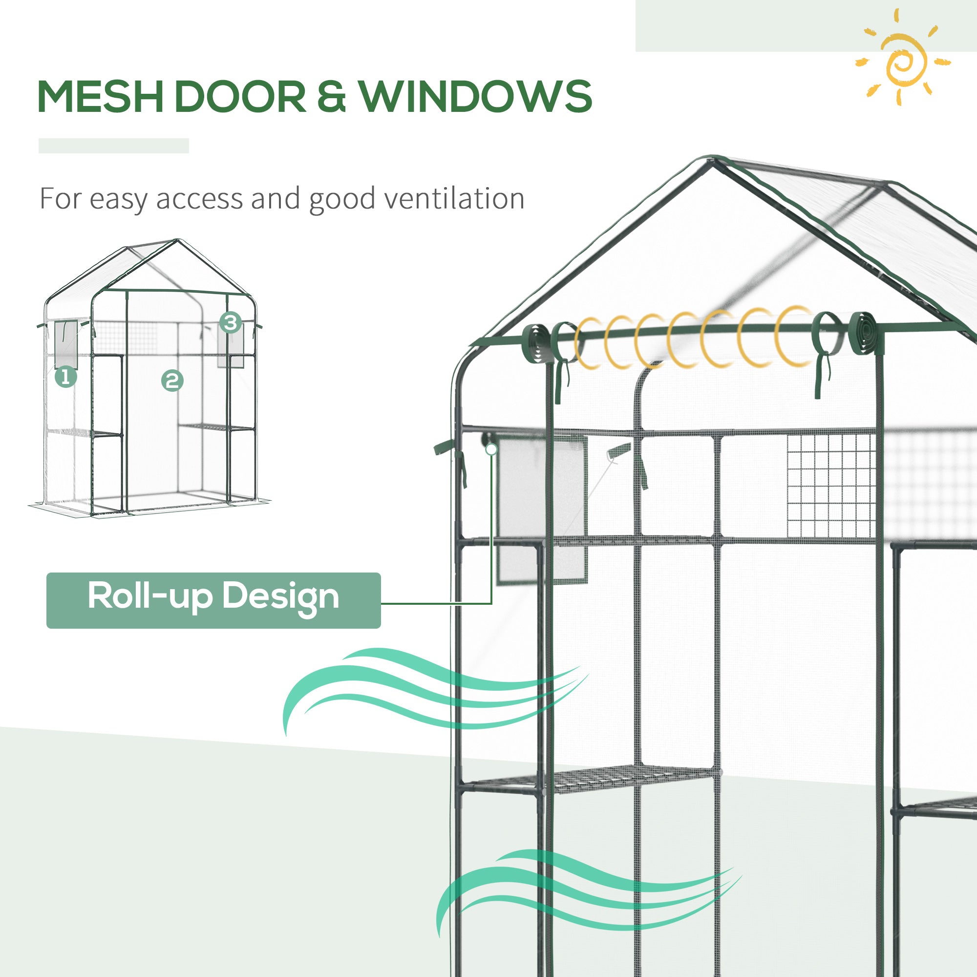 Outsunny 3-Tier Mini Greenhouse, Walk-in Greenhouse, Garden Hot House with 4 Shelves, Roll-Up Door, Mesh Windows, Trellis and Plant Labels, 56
