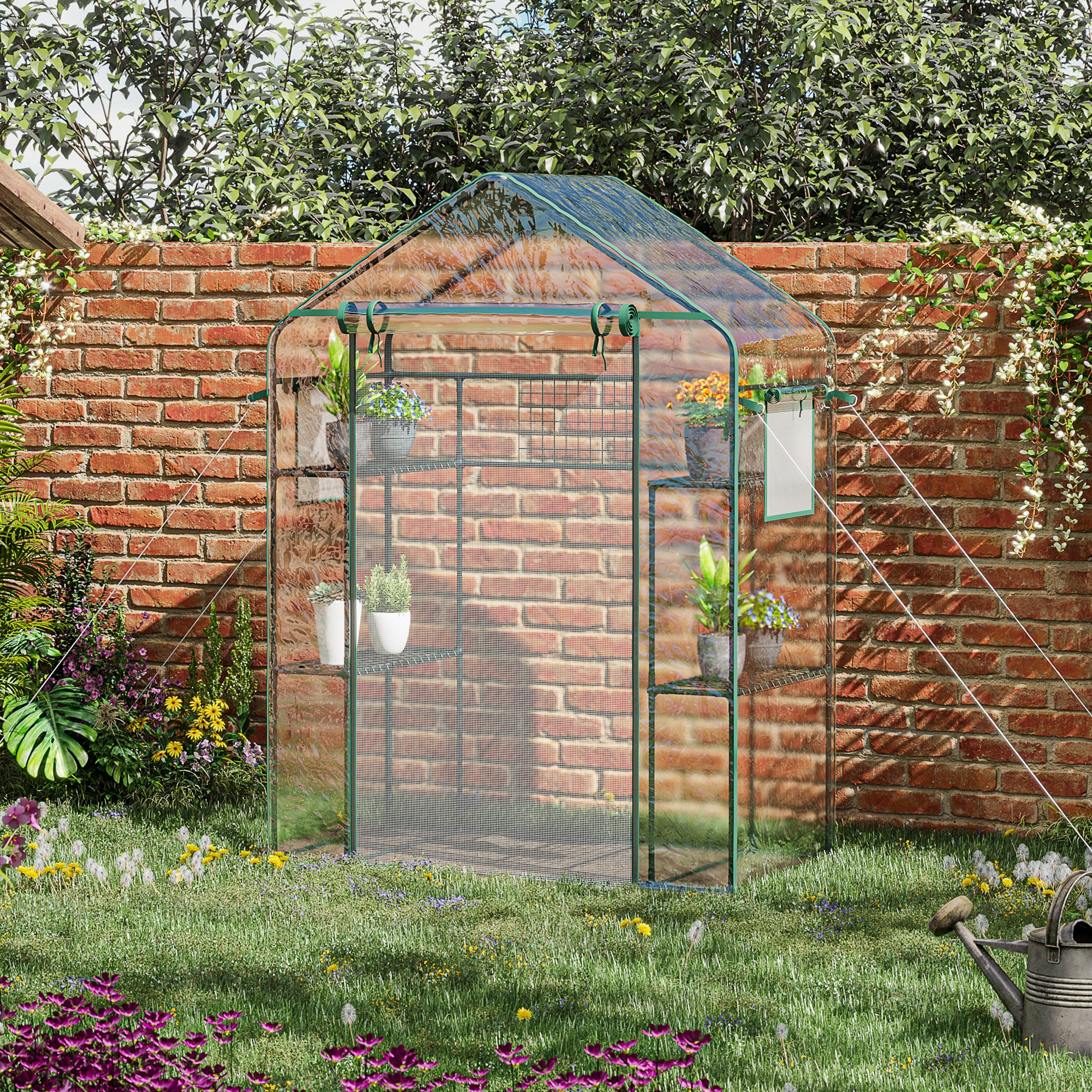 Outsunny 3-Tier Mini Greenhouse, Walk-in Greenhouse, Garden Hot House with 4 Shelves, Roll-Up Door, Mesh Windows, Trellis and Plant Labels, 56