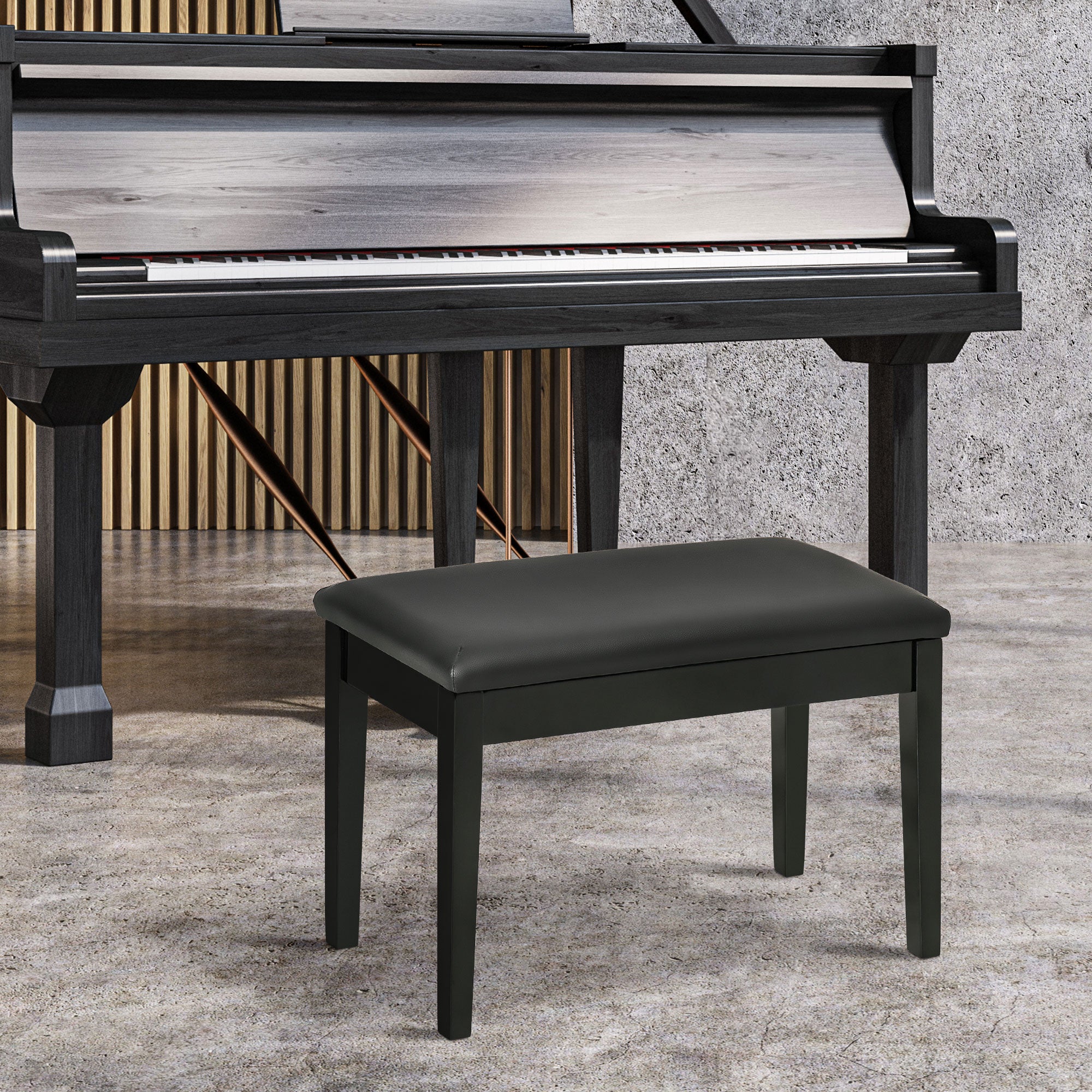 HOMCOM Classic Piano Bench Stool, PU Leather Padded Keyboard Seat with Rubber Wood Legs and Music Storage Compartment, Smooth Seat, Black
